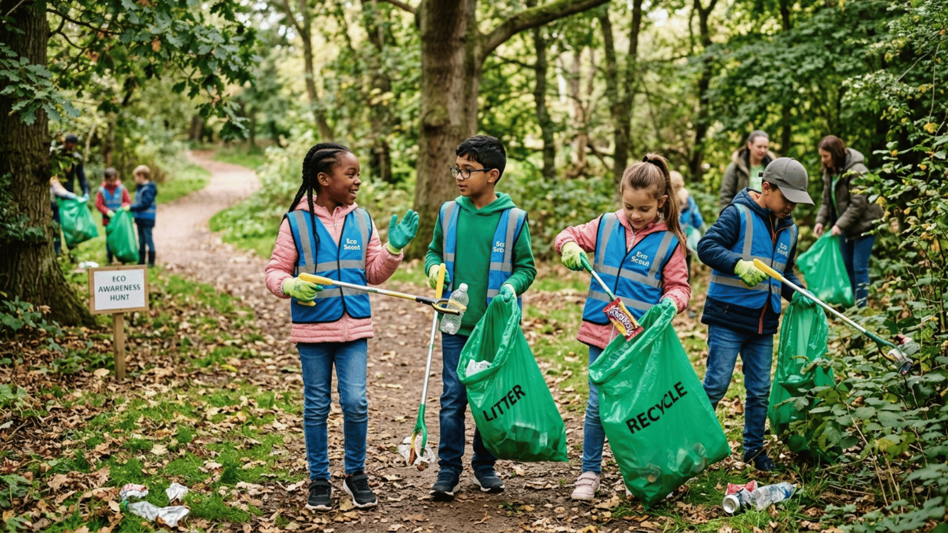 kids collecting trash and recycling during an eco awareness scavenger hunt activity in a forest trail environment