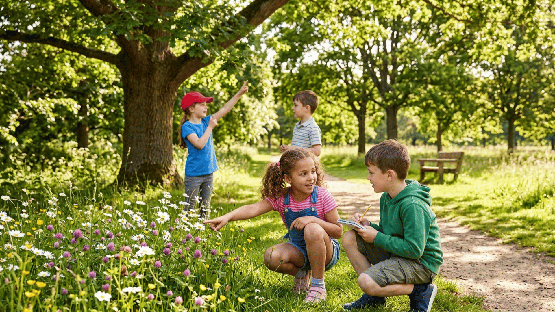 kids counting flowers and trees during a math-based nature walk scavenger hunt in a bright outdoor park