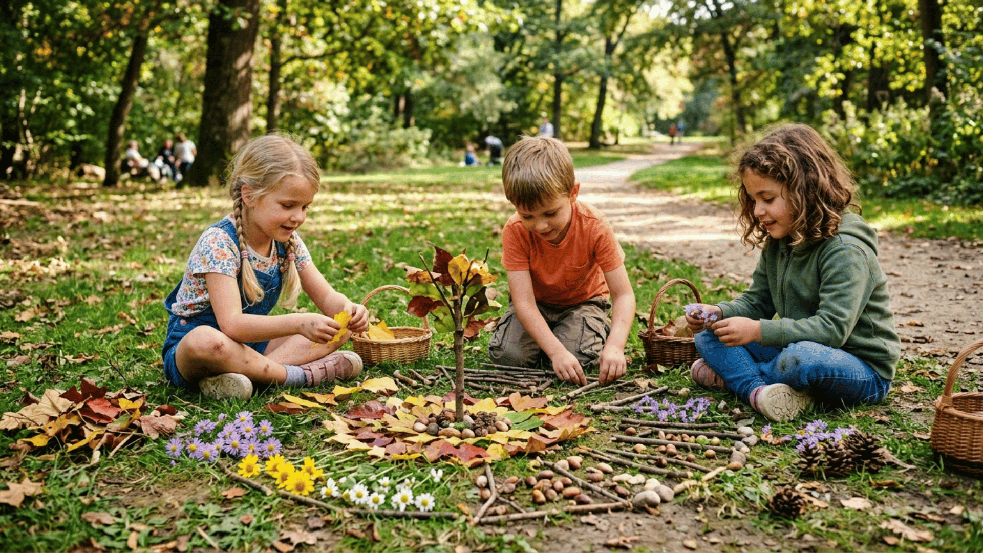 kids creating art with leaves, sticks, and flowers collected during a creative nature walk scavenger hunt activity
