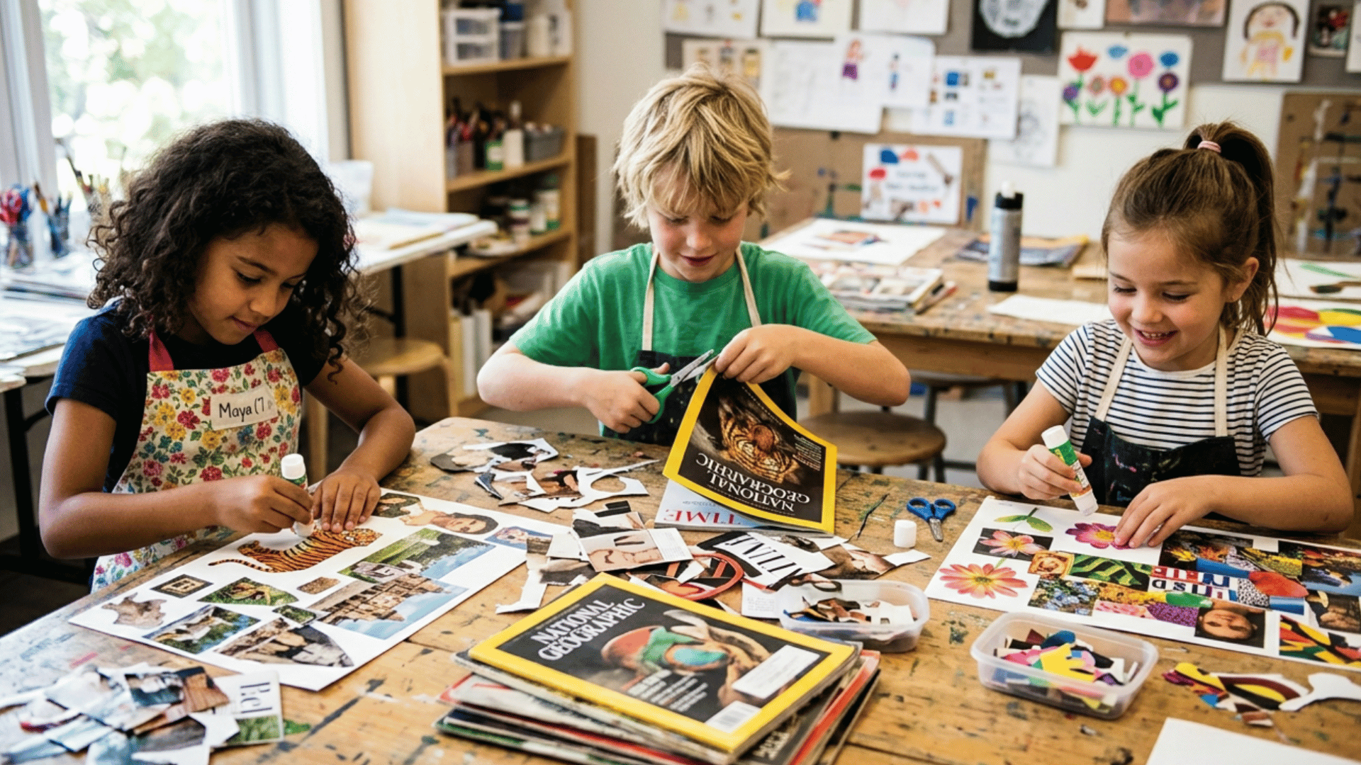 kids creating collage art using magazines paper and glue for fun and creative indoor activity
