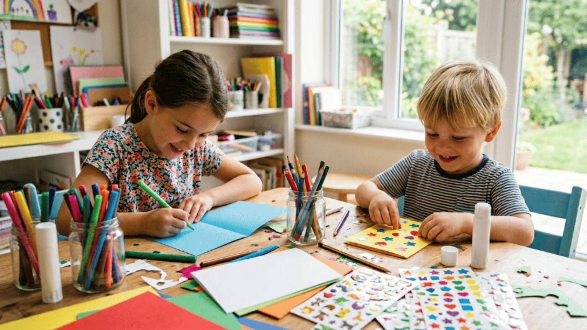 kids creating handmade greeting cards with colored paper markers stickers and glue during indoor craft activity