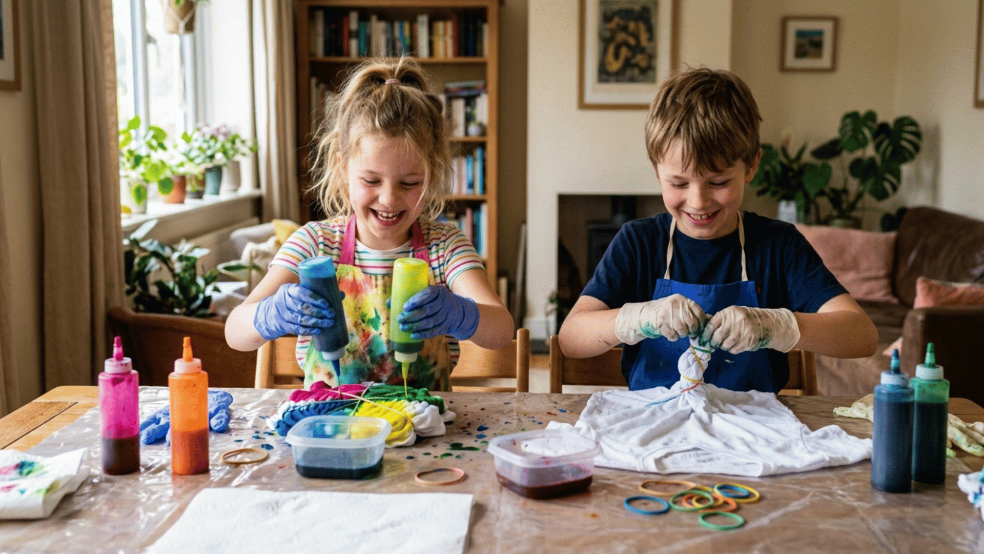 kids creating tie dye t shirts using colors and rubber bands for fun and creative indoor activity