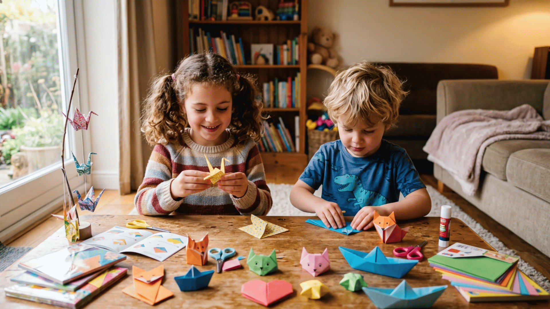 kids doing origami folding with paper to create shapes like animals boats and butterflies indoors