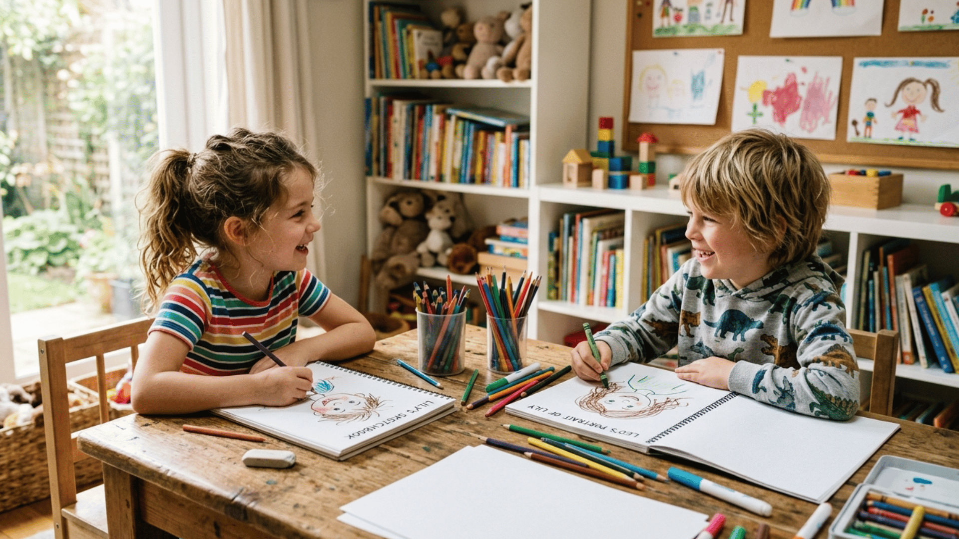 kids drawing funny portraits of each other sitting together for creative and fun indoor activity