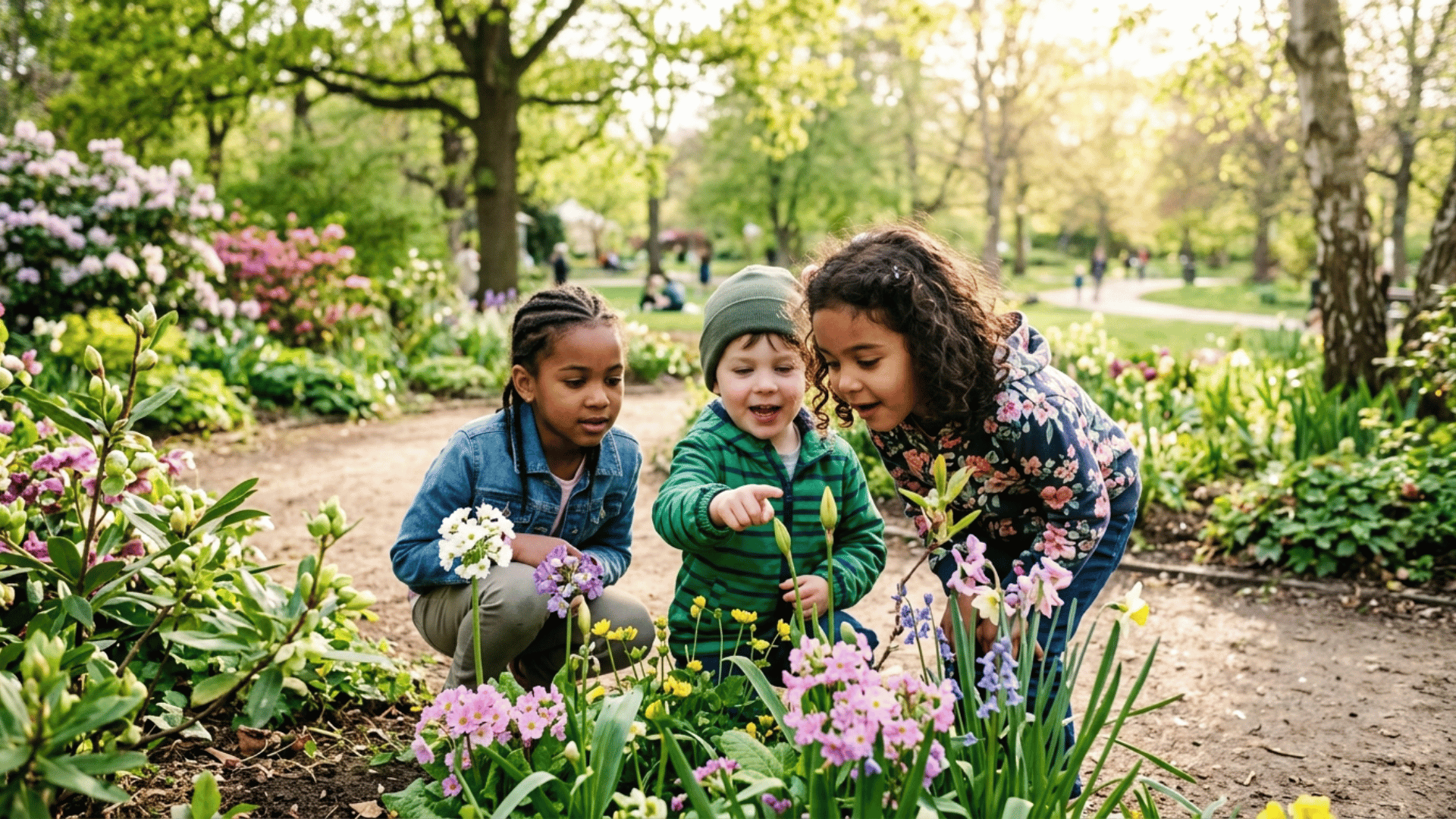 kids exploring blooming flowers and plants during a spring scavenger hunt in a sunny garden with colorful blossoms