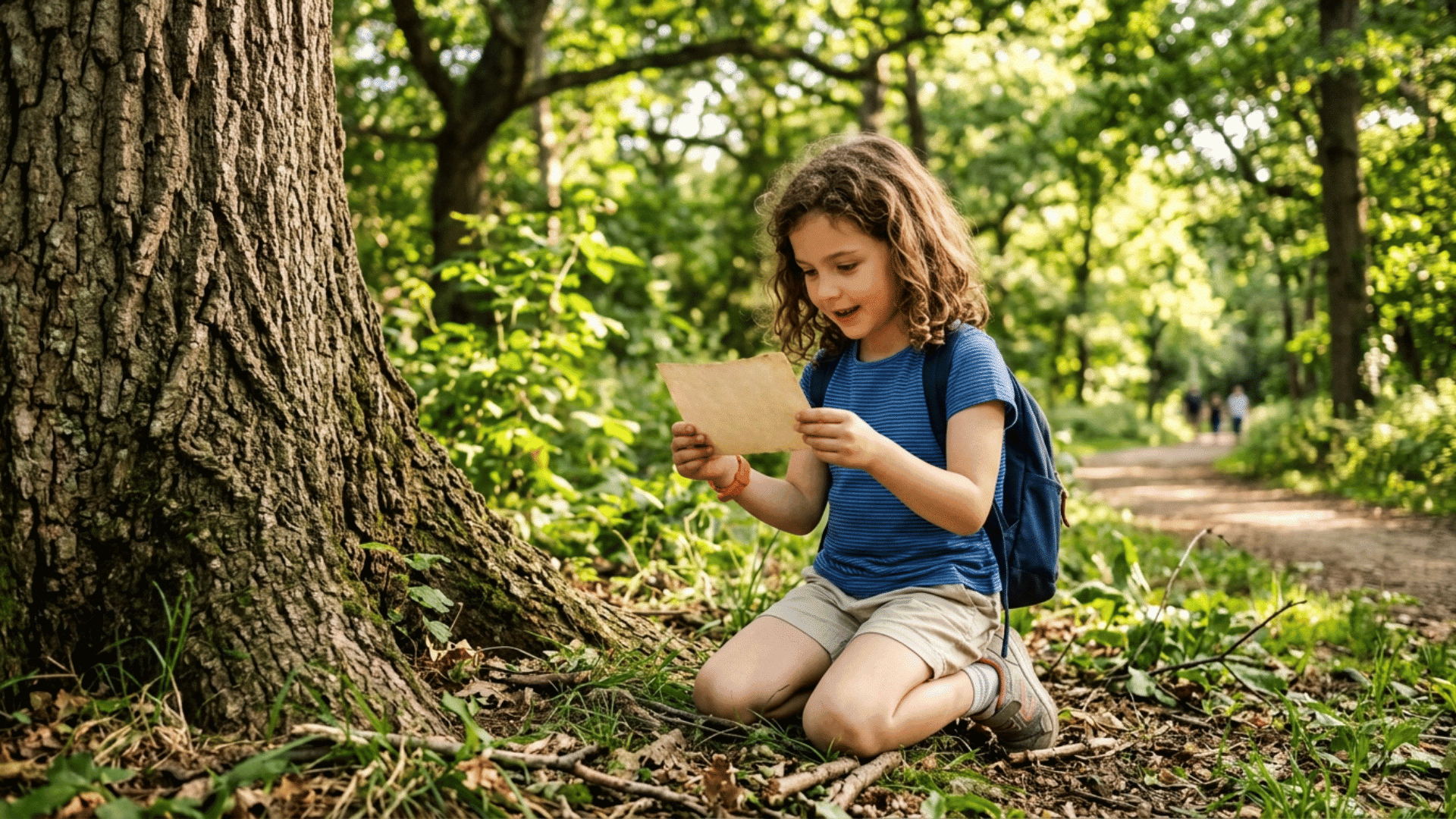 kids following clues on paper during a treasure-style nature walk scavenger hunt in a forest setting (2)