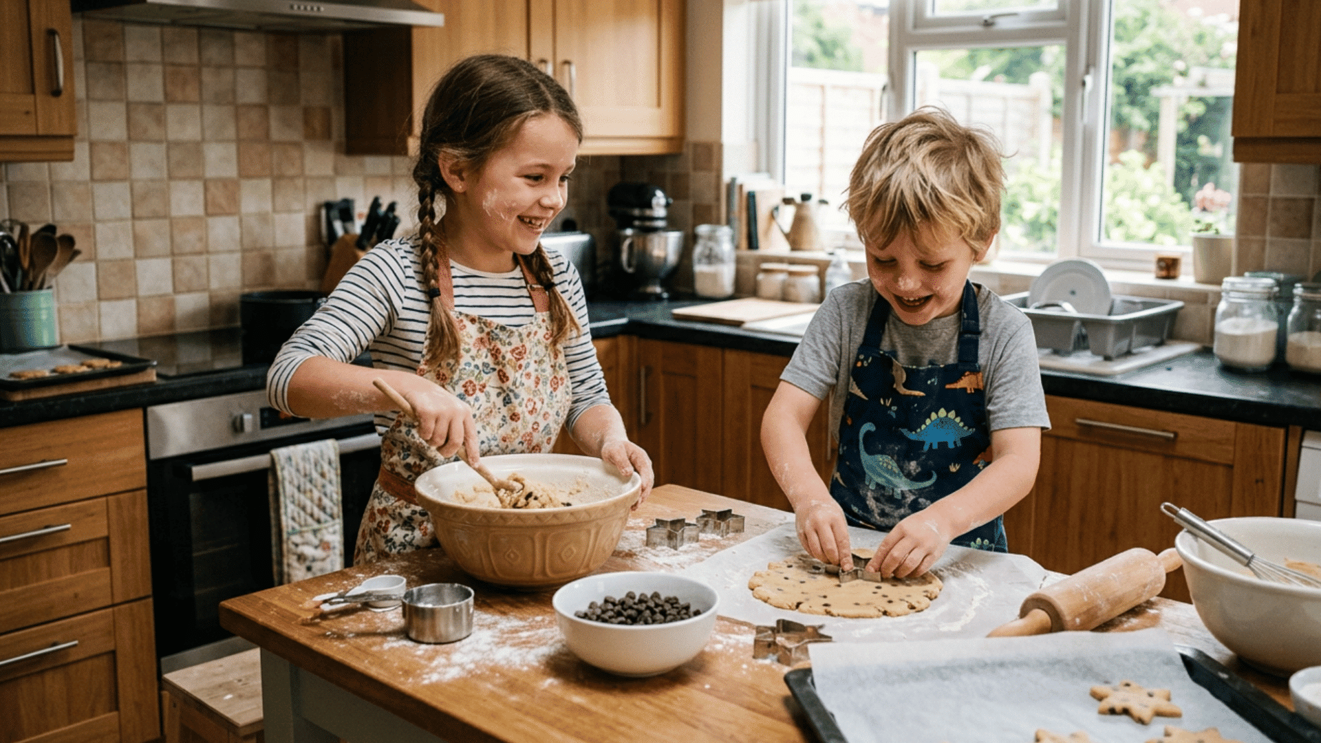 kids helping in cooking or baking simple food like cookies and sandwiches in kitchen with parents