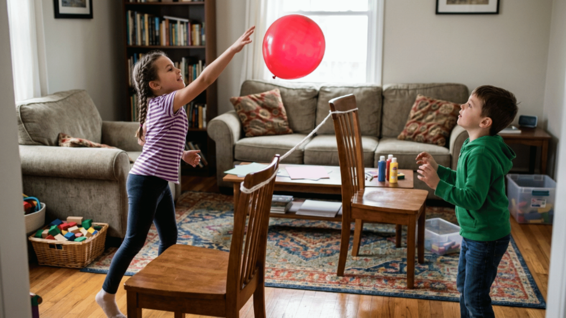 kids hitting a balloon back and forth across a string net during a playful indoor balloon volleyball game