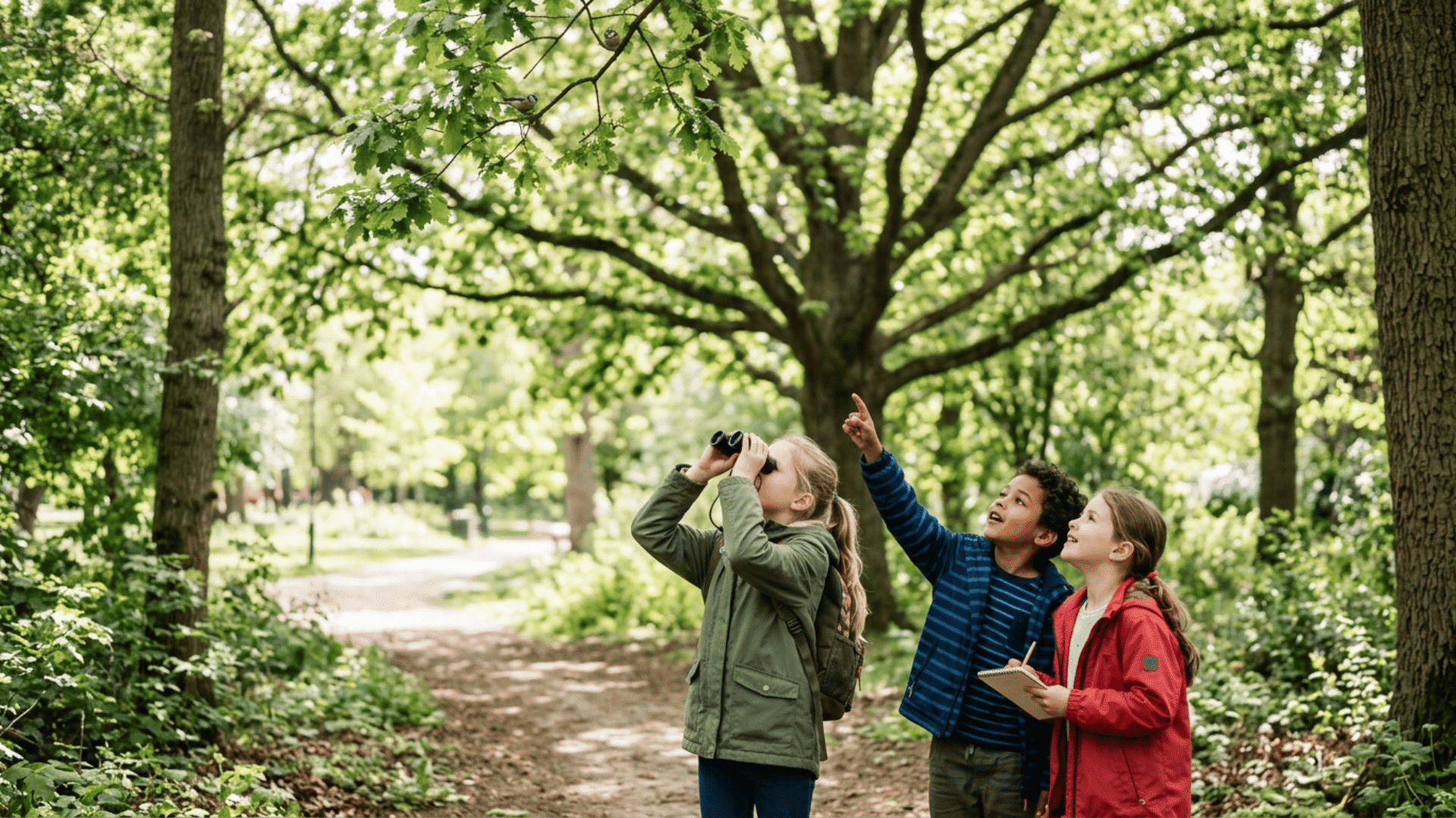 kids looking up at birds with binoculars during a bird watching scavenger hunt on a peaceful nature trail