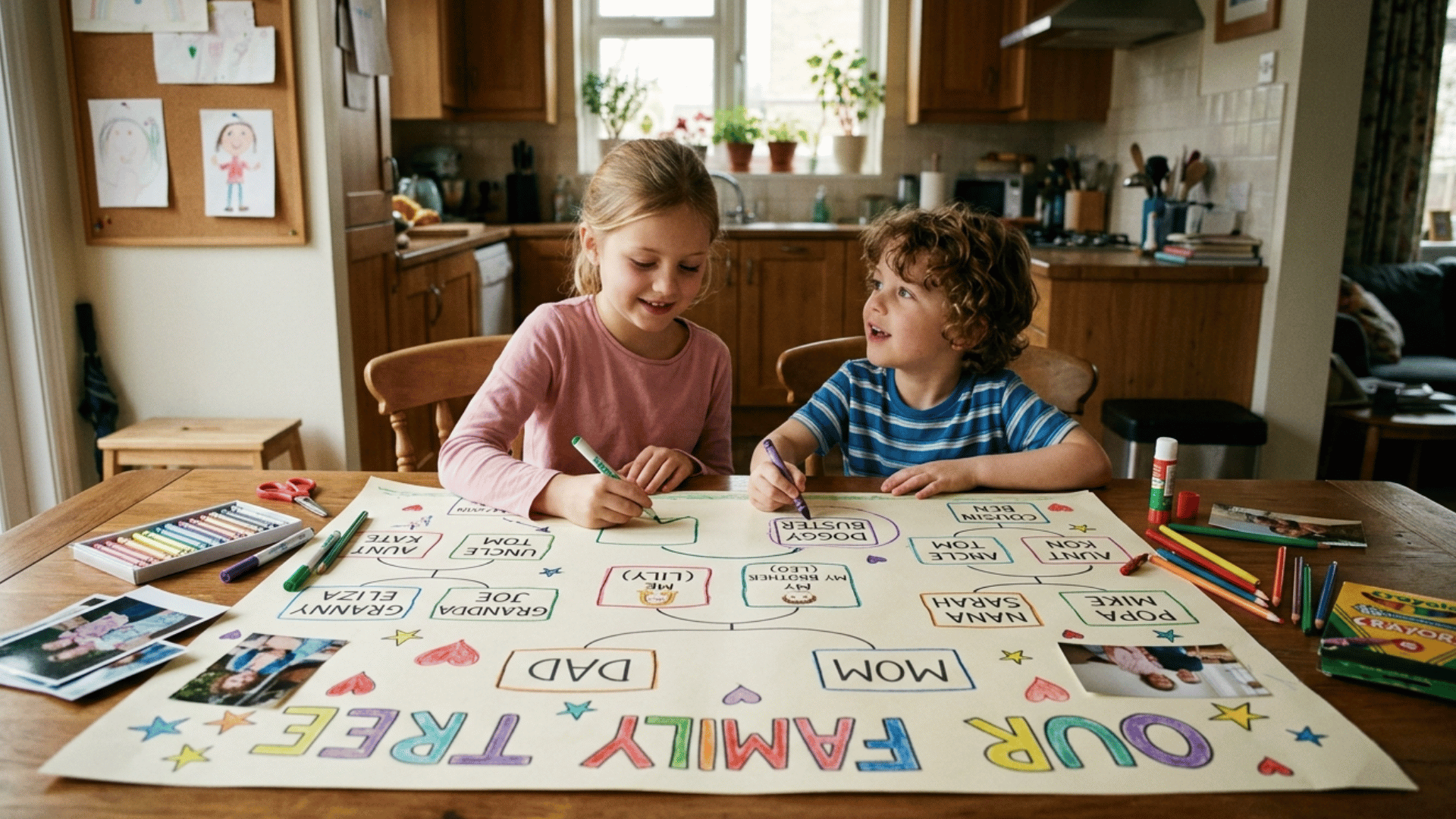 kids making a family tree chart using paper drawings and photos to learn about family members and relationships