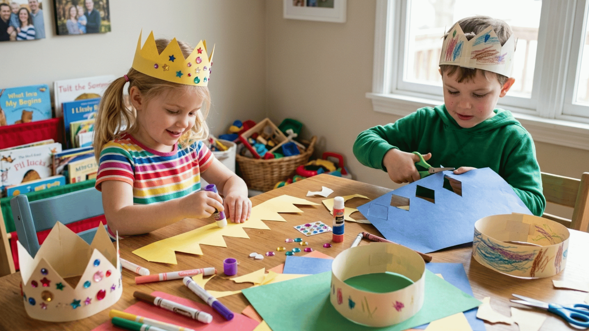 kids making diy paper crowns using cardboard markers stickers and glitter for fun pretend play