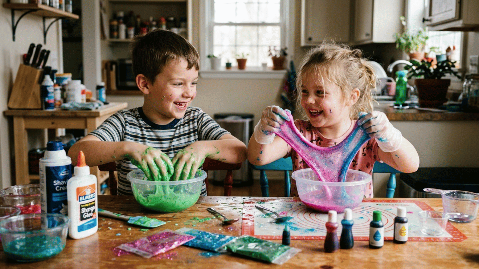 kids making diy slime using glue baking soda and colors for fun sensory indoor activity