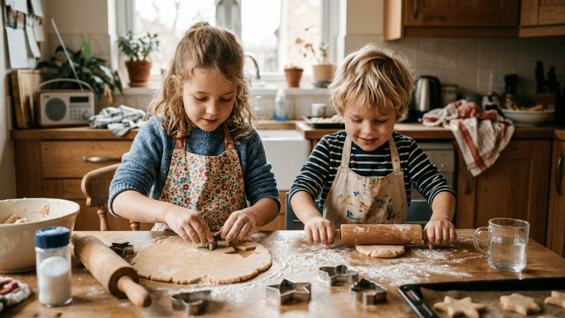 kids making salt dough ornaments together in a cozy kitchen, rolling dough and using cutters with flour spread on the wooden table