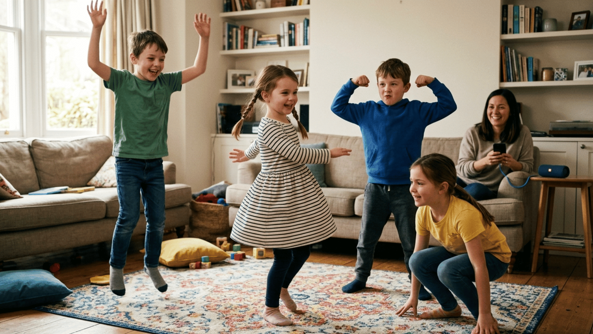 kids playing freeze dance game indoors with music stopping and freezing for active fun play
