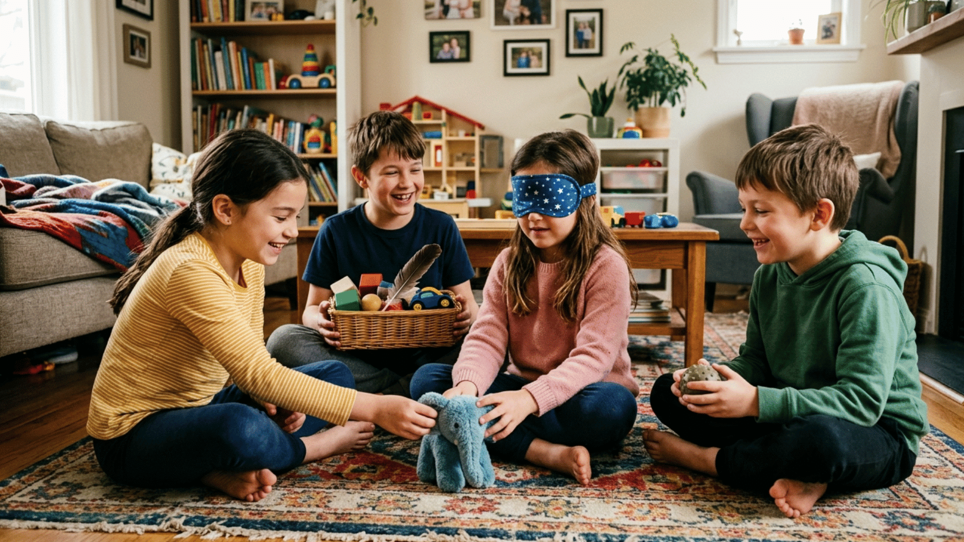 kids playing guess the object blindfold game using touch to identify items for fun and sensory learning indoors