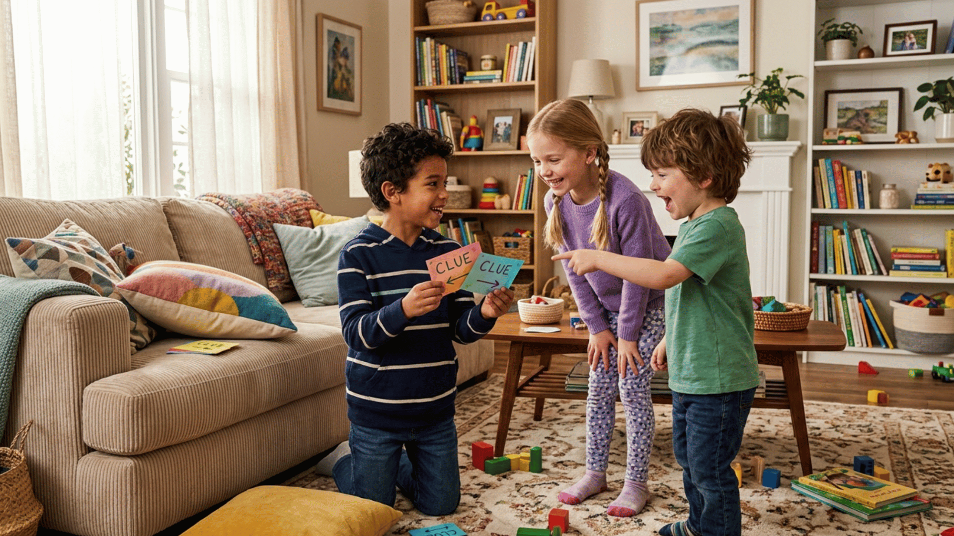 kids playing indoor scavenger hunt in living room holding clue cards smiling and searching around furniture