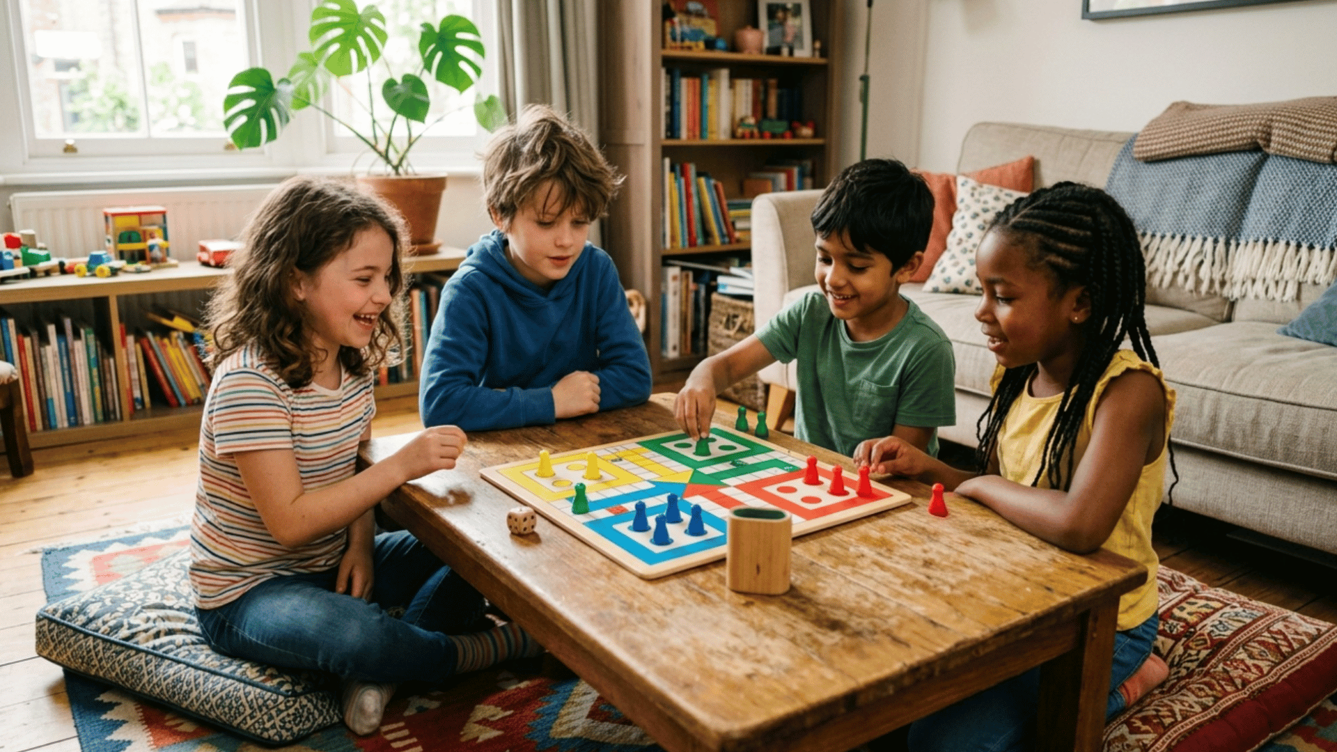 kids playing ludo board game together at home for fun family time and learning turn taking and patience