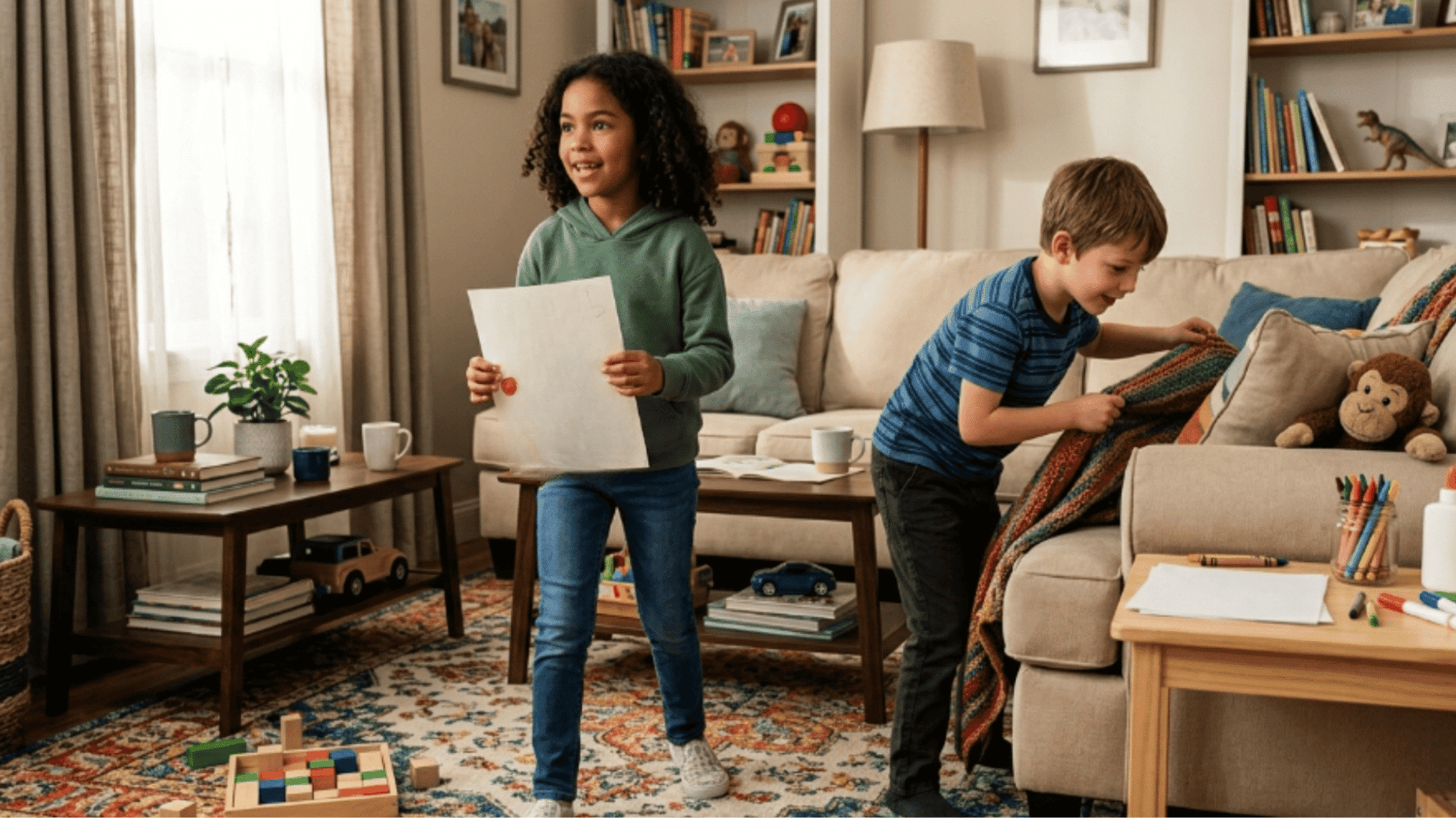 kids playing treasure hunt at home and looking for clues