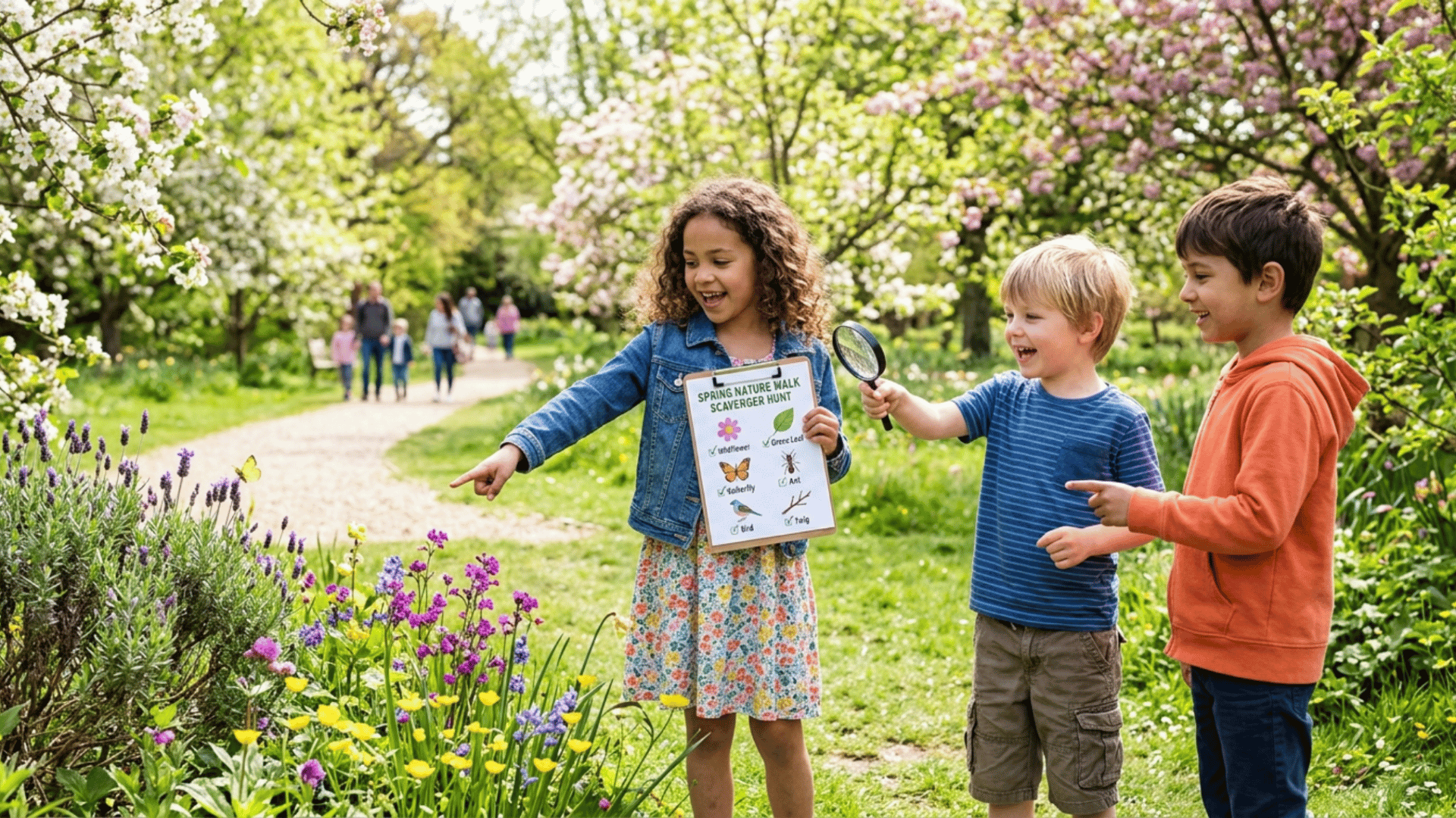 kids pointing at flowers while holding a nature walk scavenger hunt checklist in a bright spring park setting with blooming trees