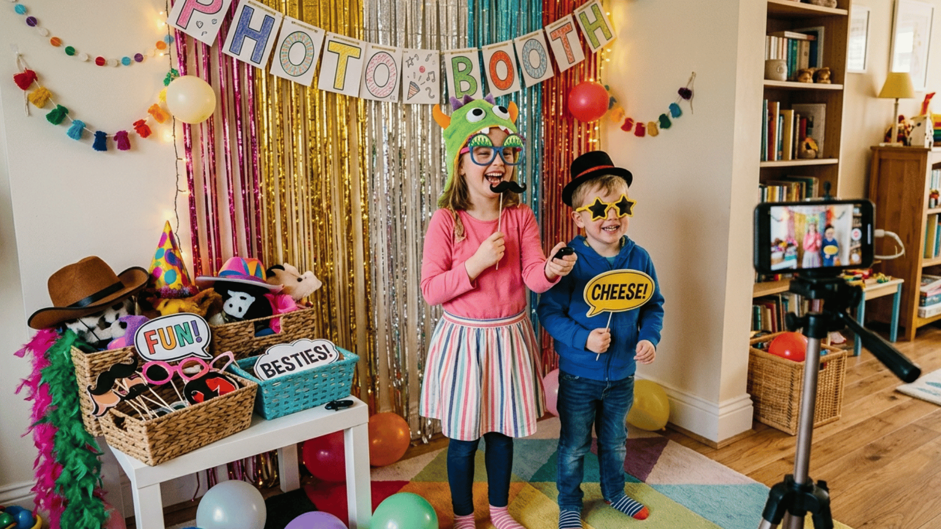 kids posing in diy home photo booth with props like hats glasses and fun expressions indoors
