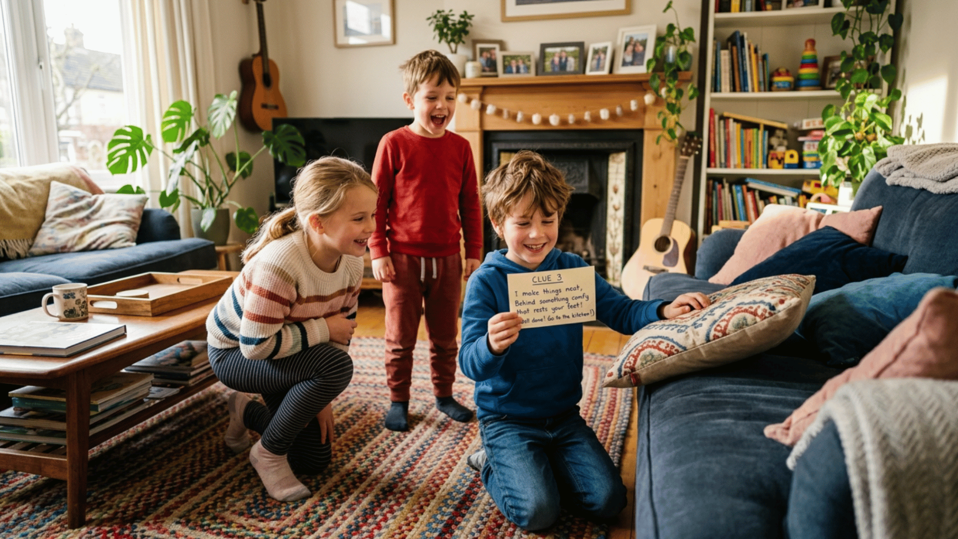 kids reading clue cards and searching indoors during riddle based scavenger hunt at home