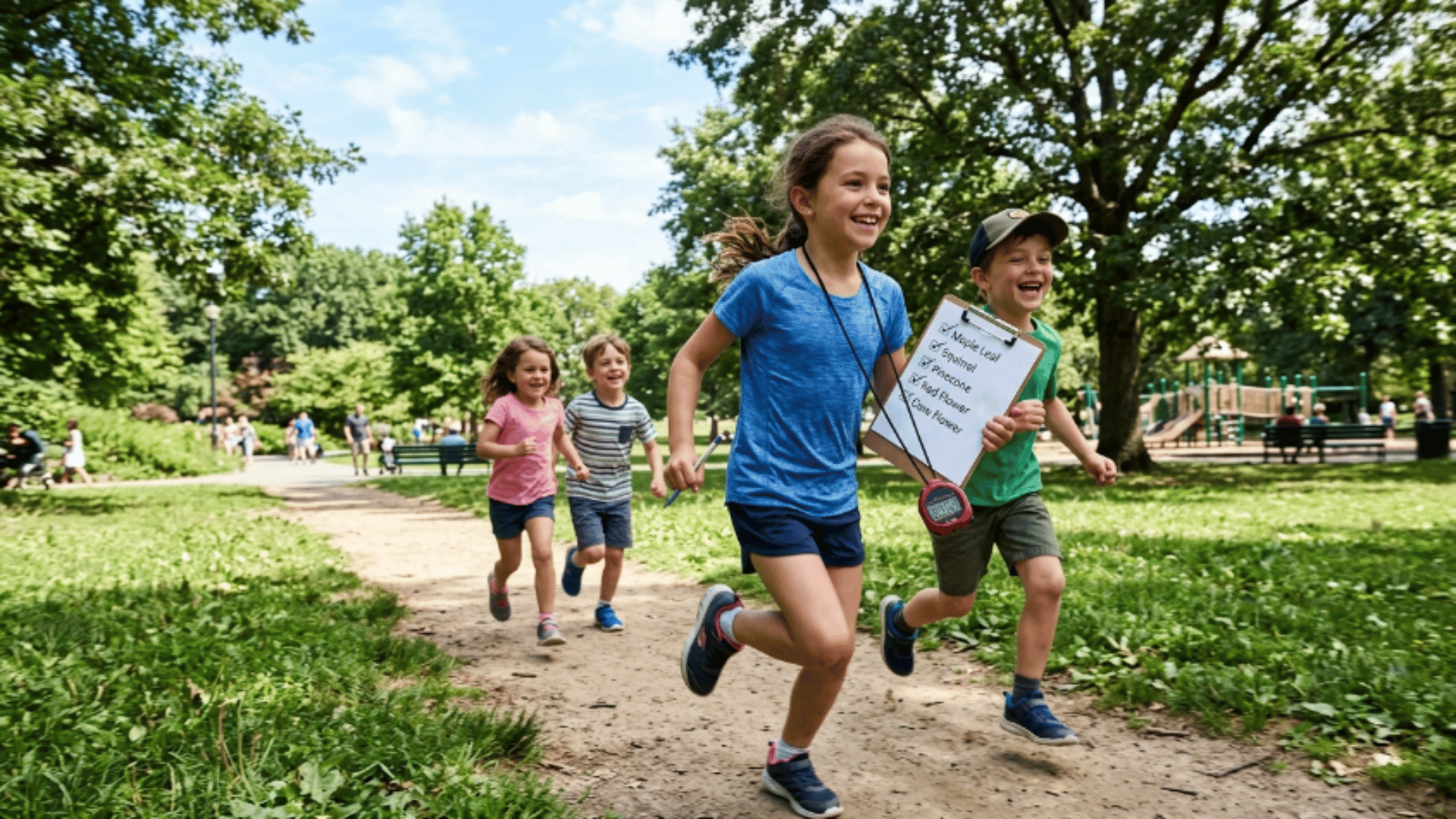 kids running with clipboards and timer during an active nature walk scavenger hunt game in a sunny park setting