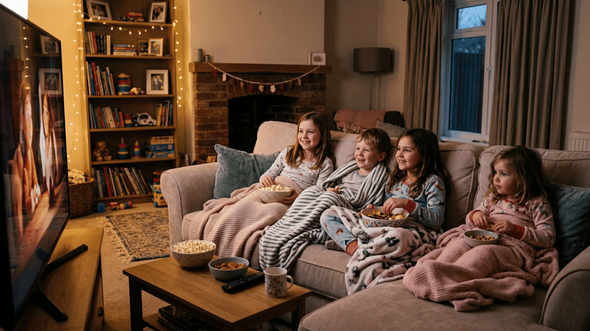 kids sitting on a couch enjoying a movie night with popcorn and snacks in a cozy living room with warm lighting and blankets.
