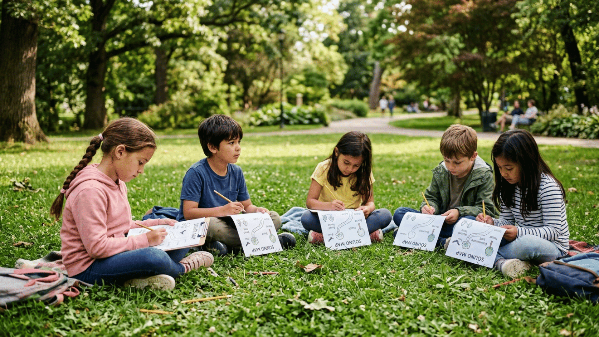 kids sitting on grass listing sounds they hear during a sound mapping scavenger hunt activity in a peaceful park