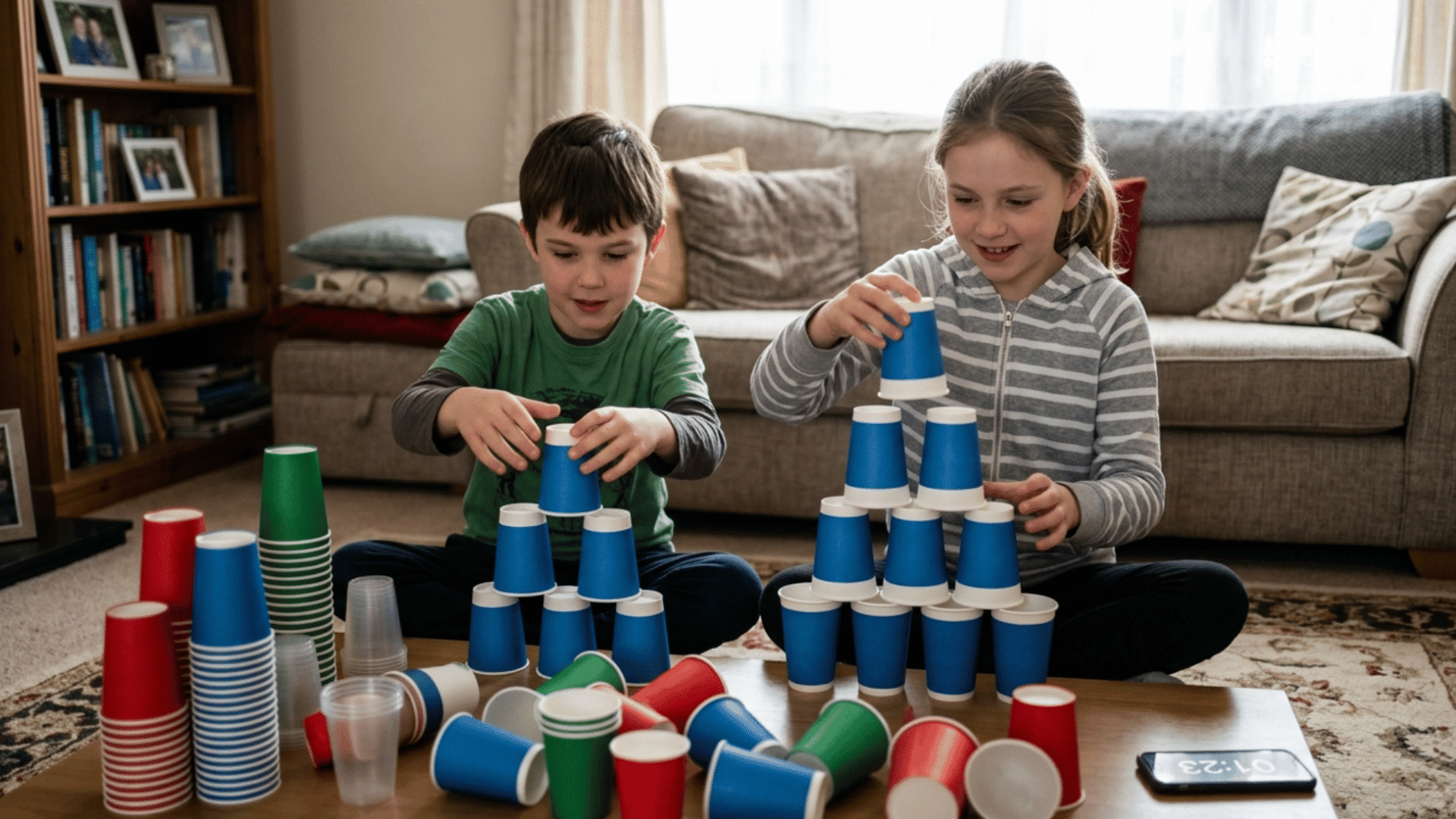 kids stacking paper cups into pyramid shapes on table for fun indoor coordination game