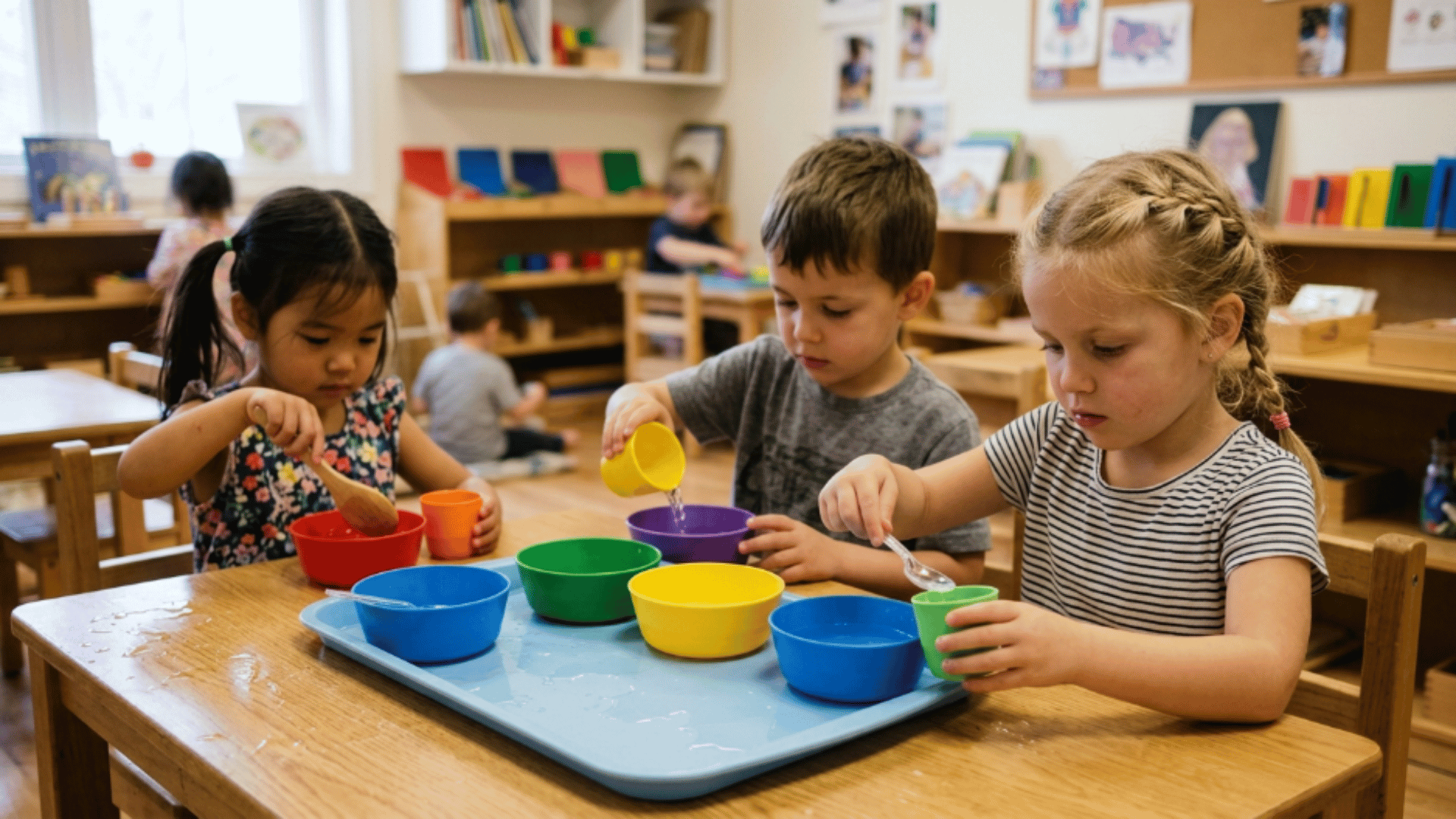 kids transferring water between cups with spoons during indoor sensory learning activity