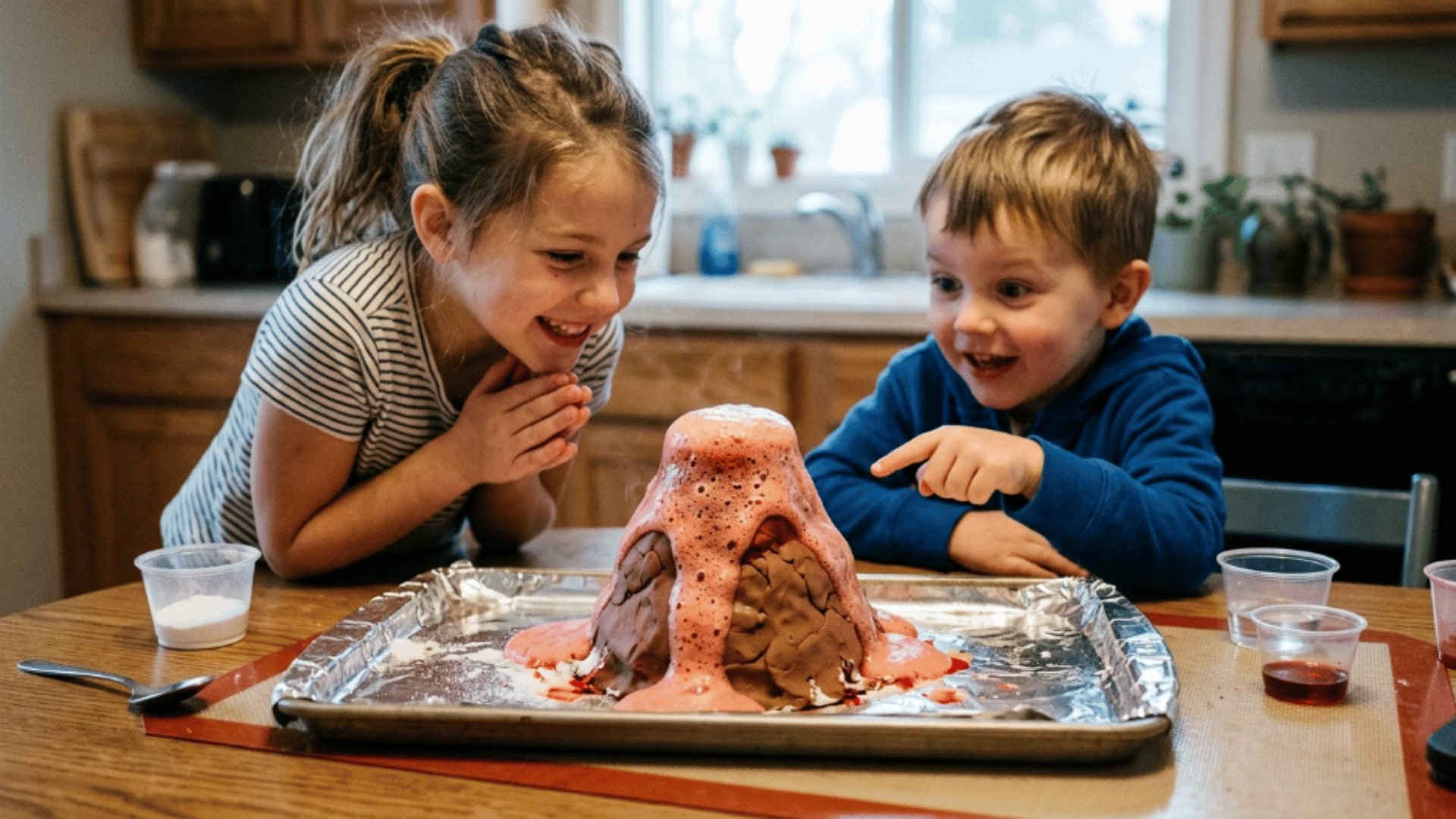 kids watching a bubbling baking soda volcano experiment during a fun indoor science learning activity