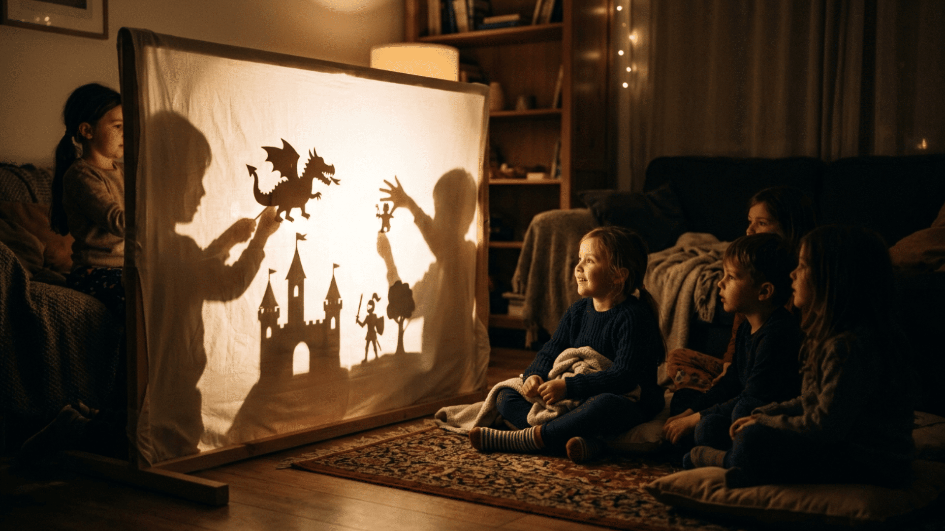 kids watching shadow theater play while two children create shadow puppets behind a sheet in a cozy dim indoor room