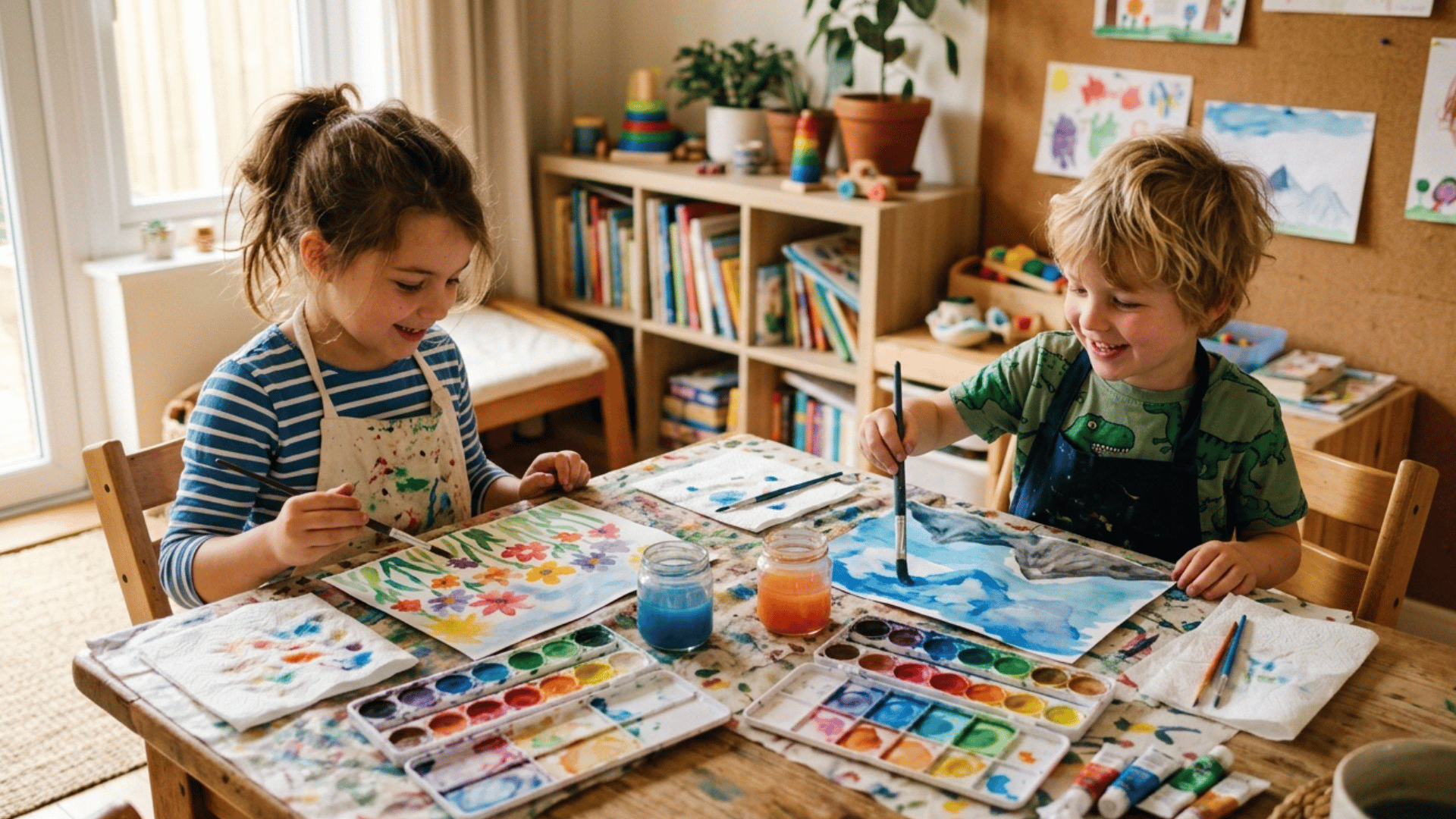 kids watercolor painting indoors using brushes and colors to create fun and creative artwork on paper