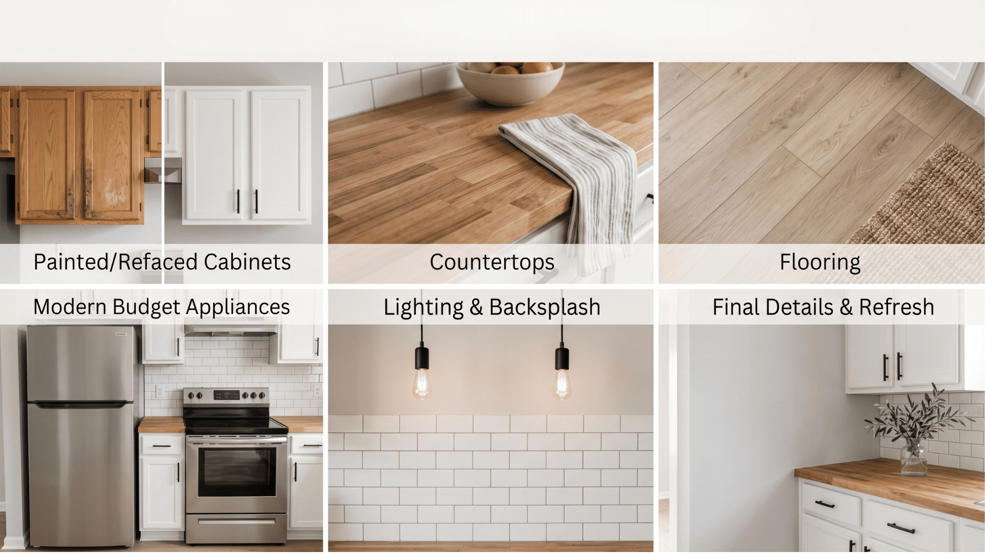 kitchen renovation collage showcasing six sections