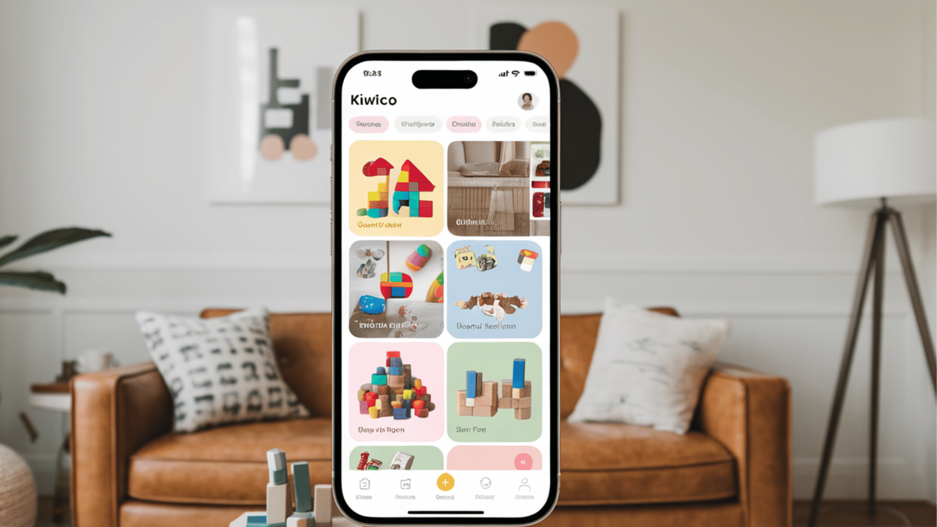 kiwiCo app showing fun educational kits for kids on a smartphone screen.