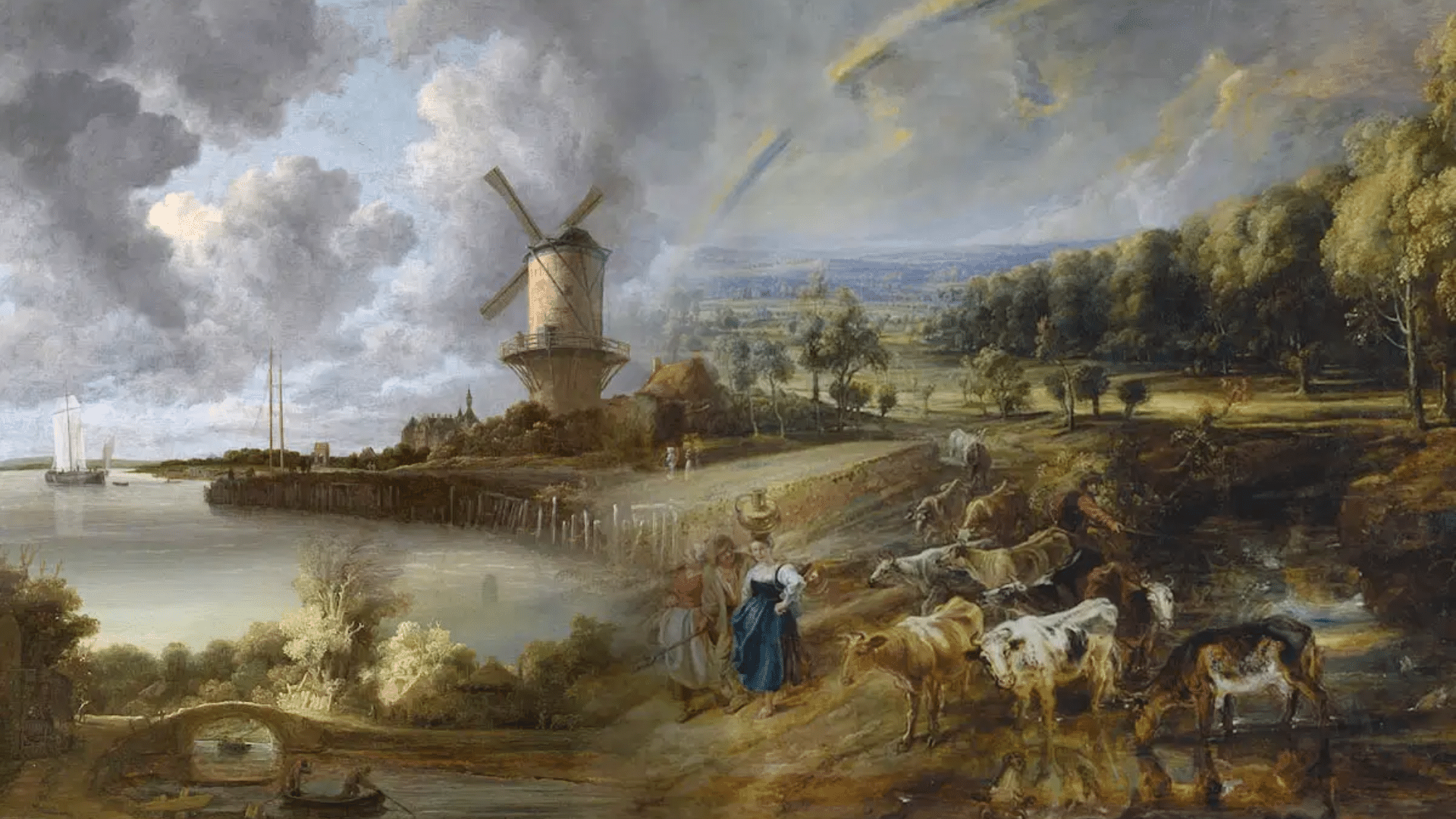 landscape painting depicting natural scenery such as rivers, forests, skies, or countryside with attention to light, atmosphere, and environment