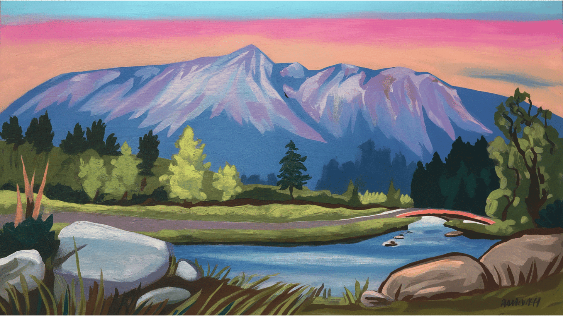 landscape painting featuring a mountain range and river under a colorful sky. png