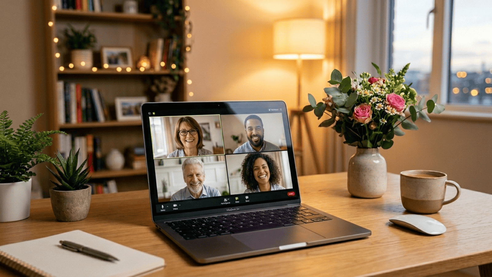 laptop screen on a clean desk showing a video call grid with warm room lighting reflected in the screen, fresh flowers nearb