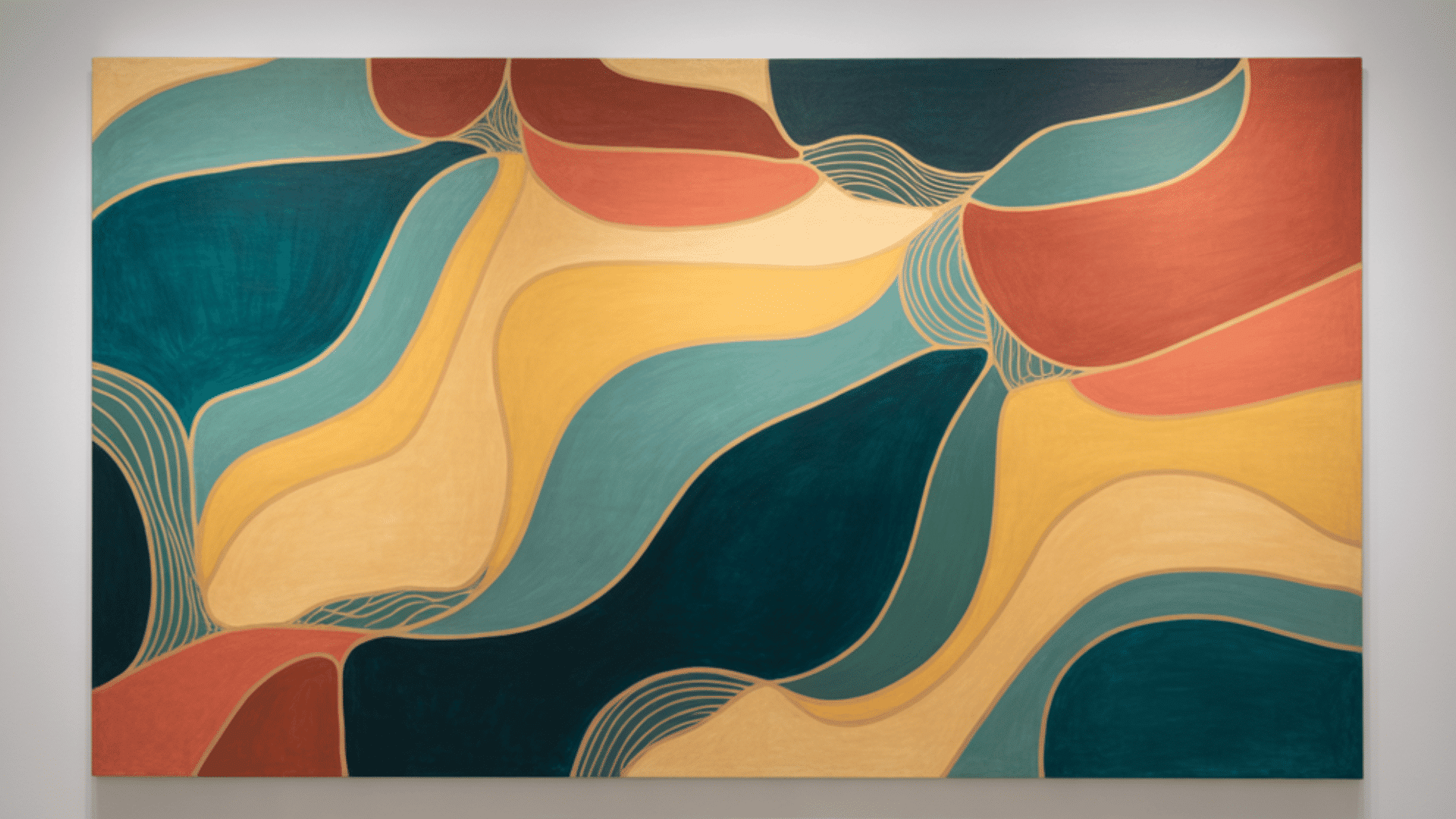 large abstract painting with flowing shapes and balanced colors showing unity in art composition