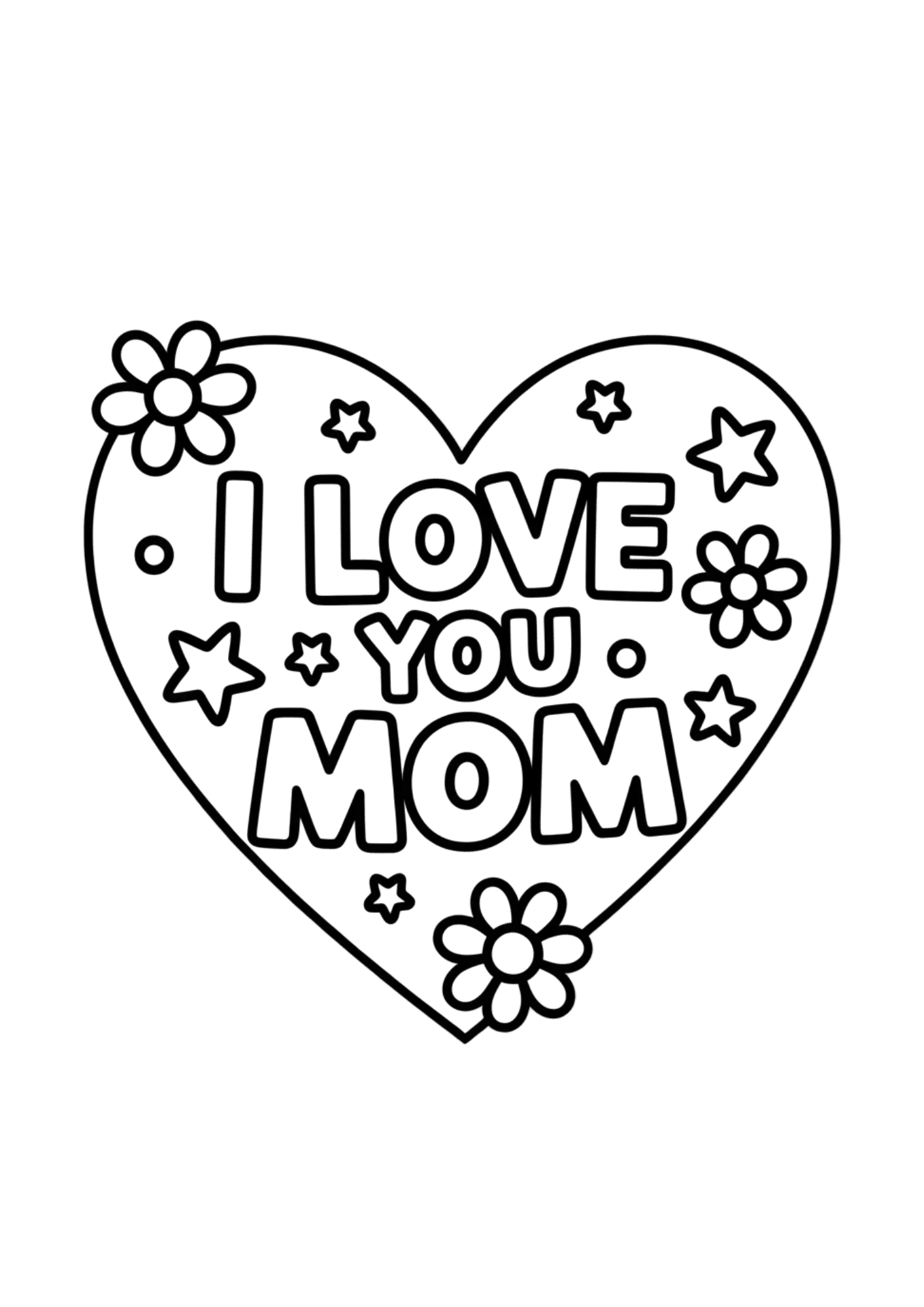 large heart with text i love you mom decorated with flowers and stars, simple bold outline design