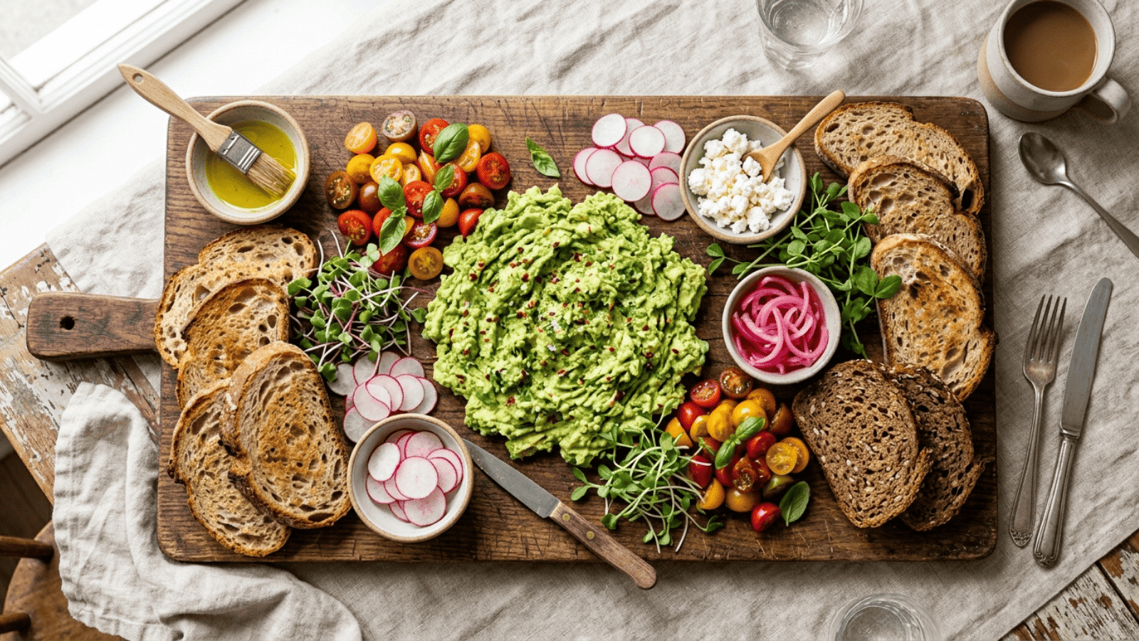 large wooden board with a generous mound of smashed green avocado in the center, surrounded by toasted sourdough and rye bread slices