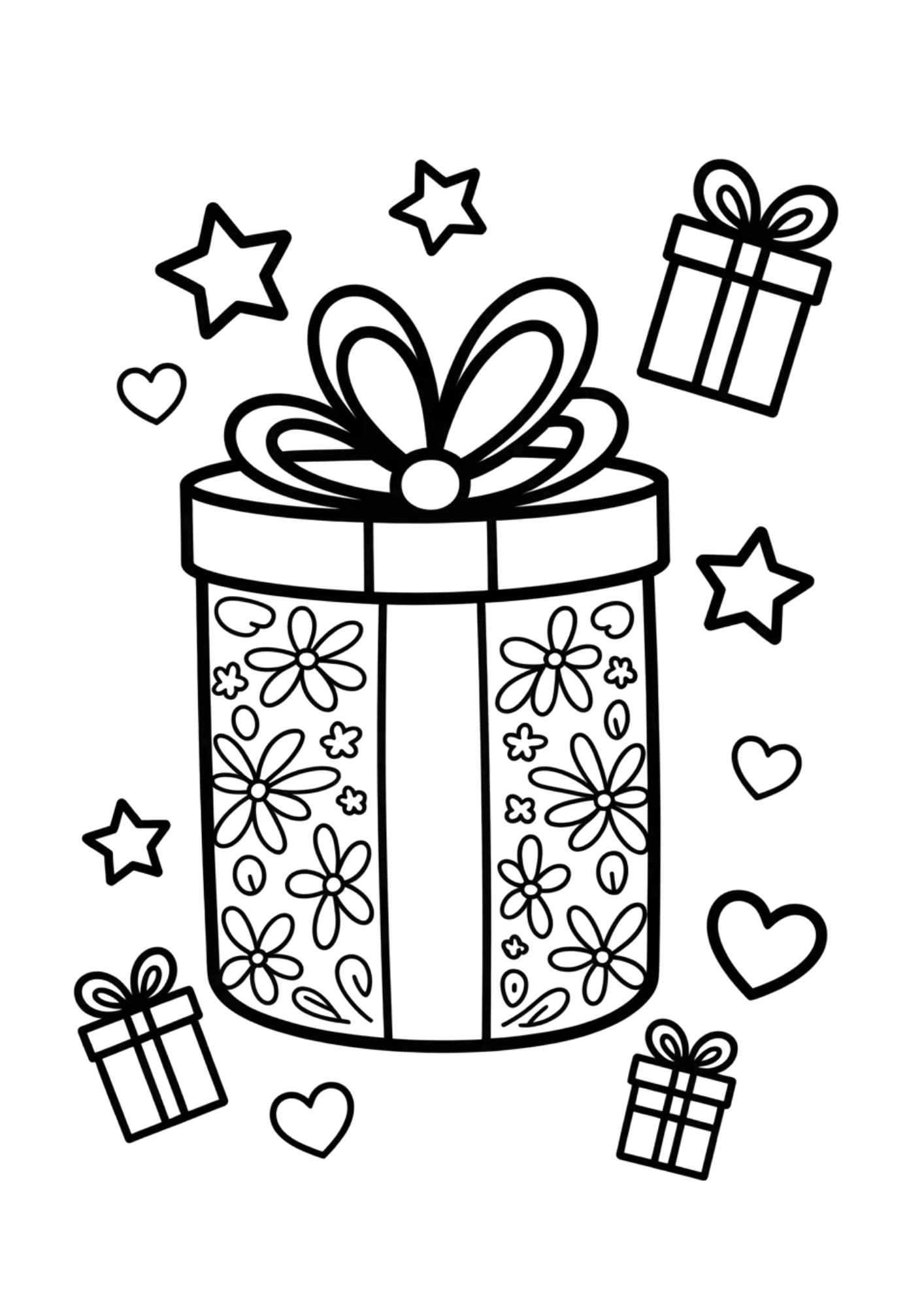 large wrapped gift box with ribbon surrounded by stars hearts and smaller gifts in fun coloring page style