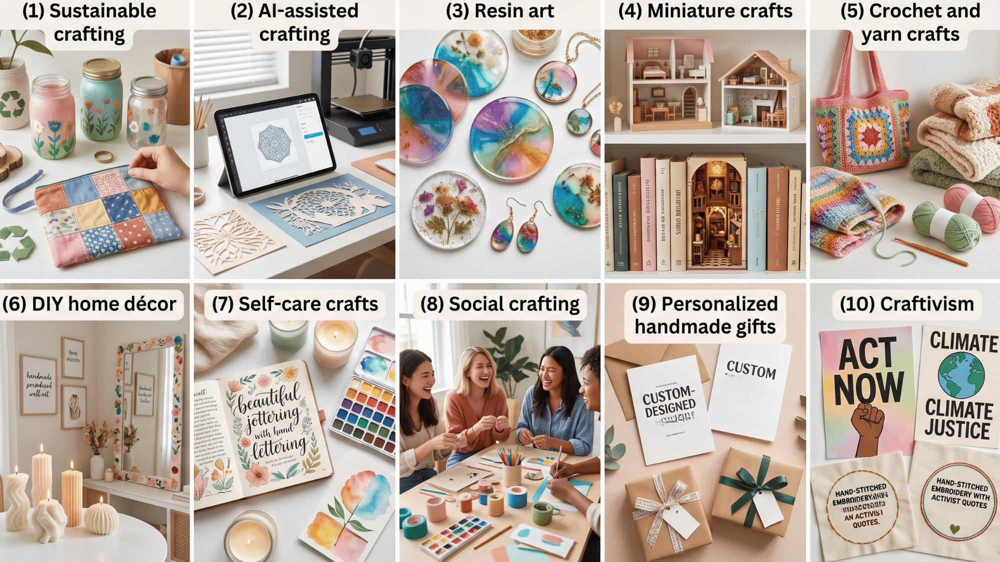 latest craft trends collage showing sustainable, DIY, crochet, resin, and handmade ideas