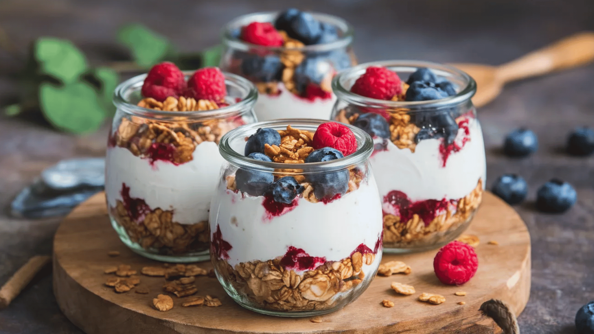 layered Greek yogurt, berries, and granola in a cup for a nutritious snack
