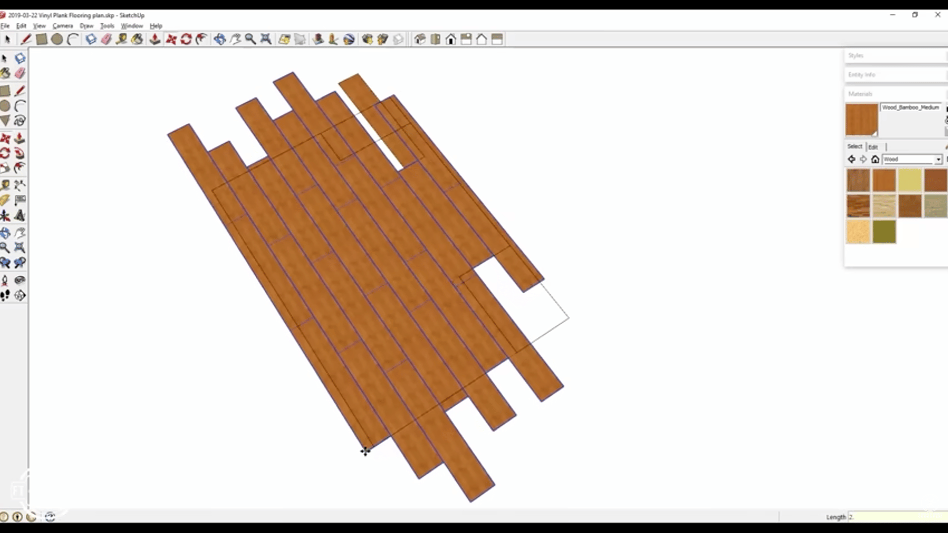layout planning of vinyl plank flooring using 3D design software for better alignment.