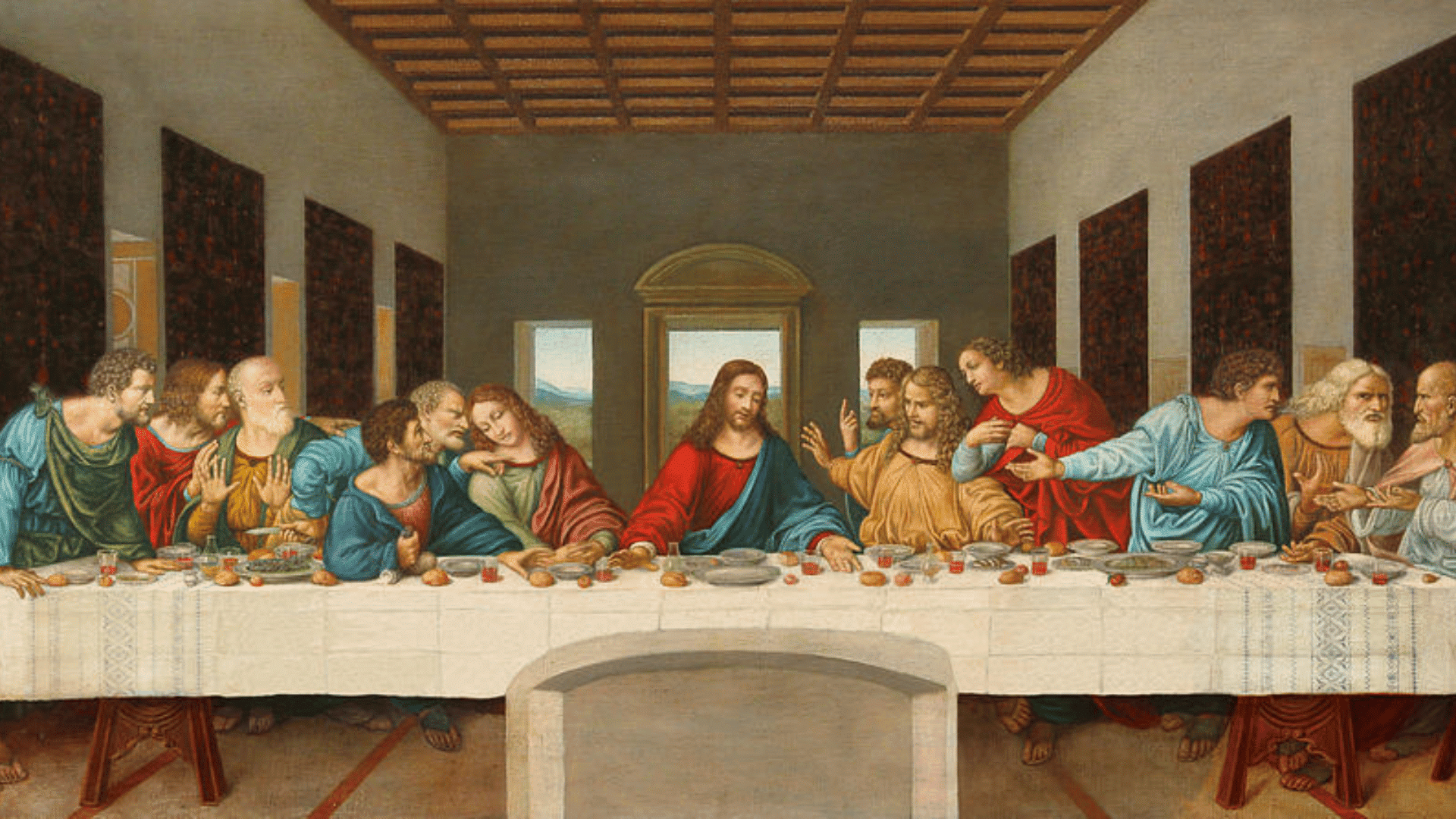 leonardo da Vinci’s The Last Supper showing Jesus and twelve apostles at a long table, with perspective lines leading to the center (1)