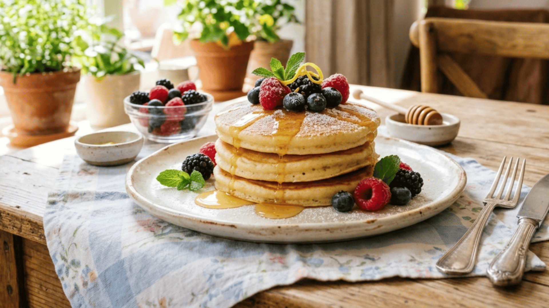 light and fluffy lemon ricotta pancakes topped with fresh berries and honey on a ceramic plate