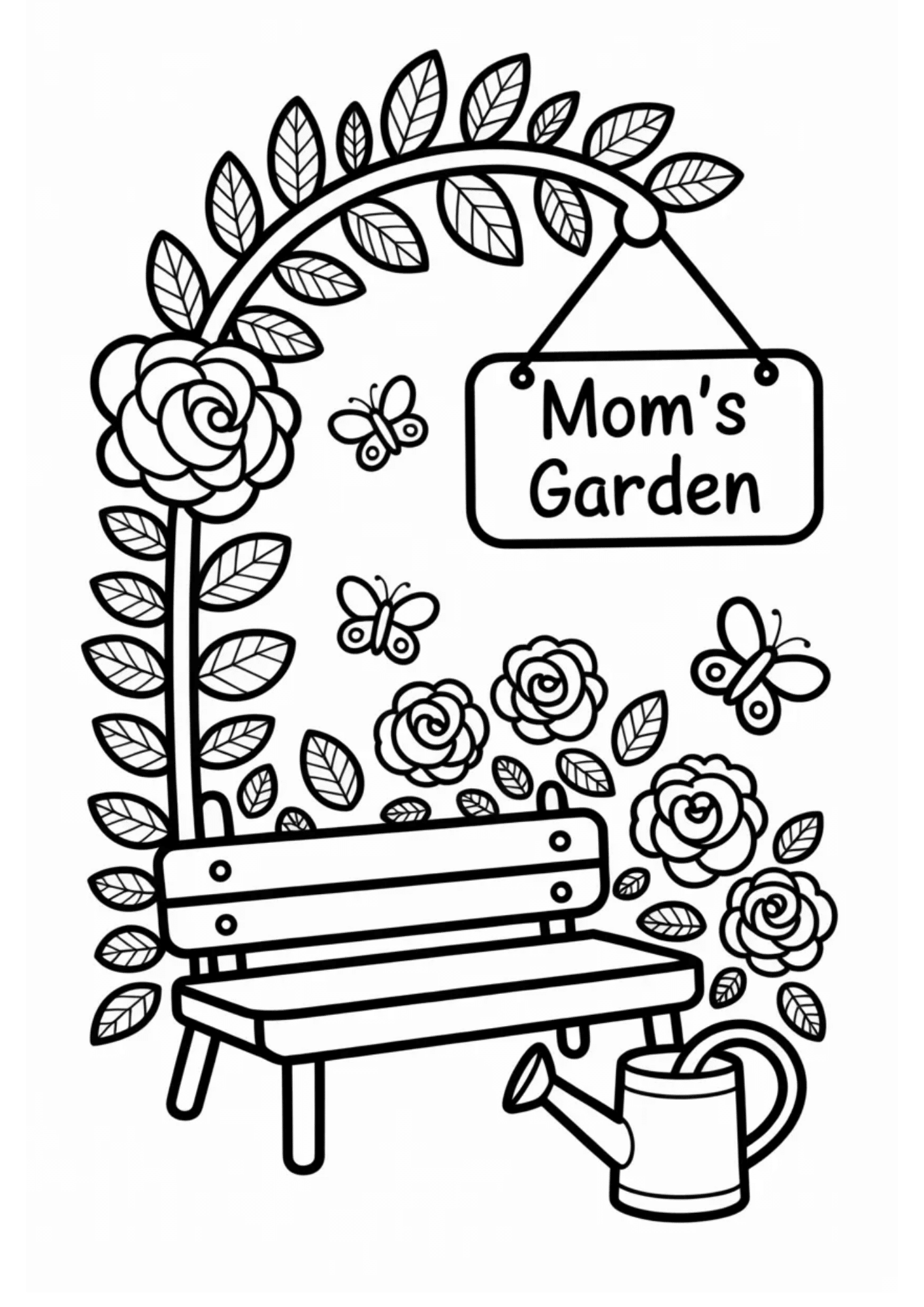 line art of a garden arch with leaves and roses, a bench below, butterflies flying and a sign reading mom’s garden