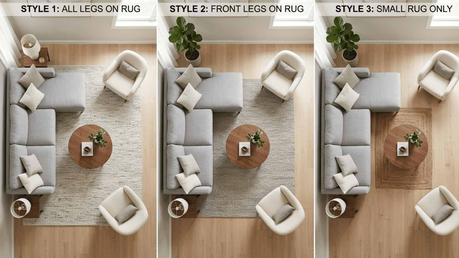living room rug placement styles showing small medium and large rugs with different furniture layouts from top view