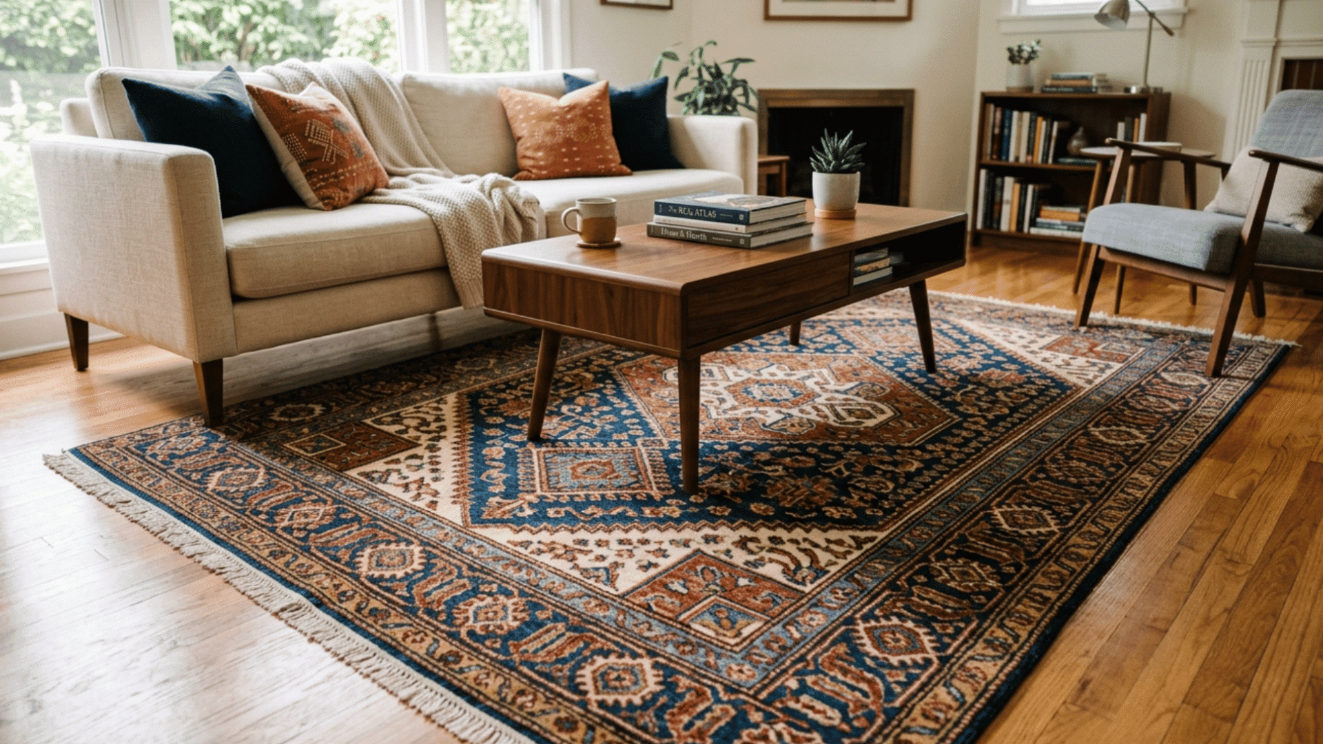 living room with sofa coffee table and patterned rug showing proper rug size placement with furniture on hardwood floor
